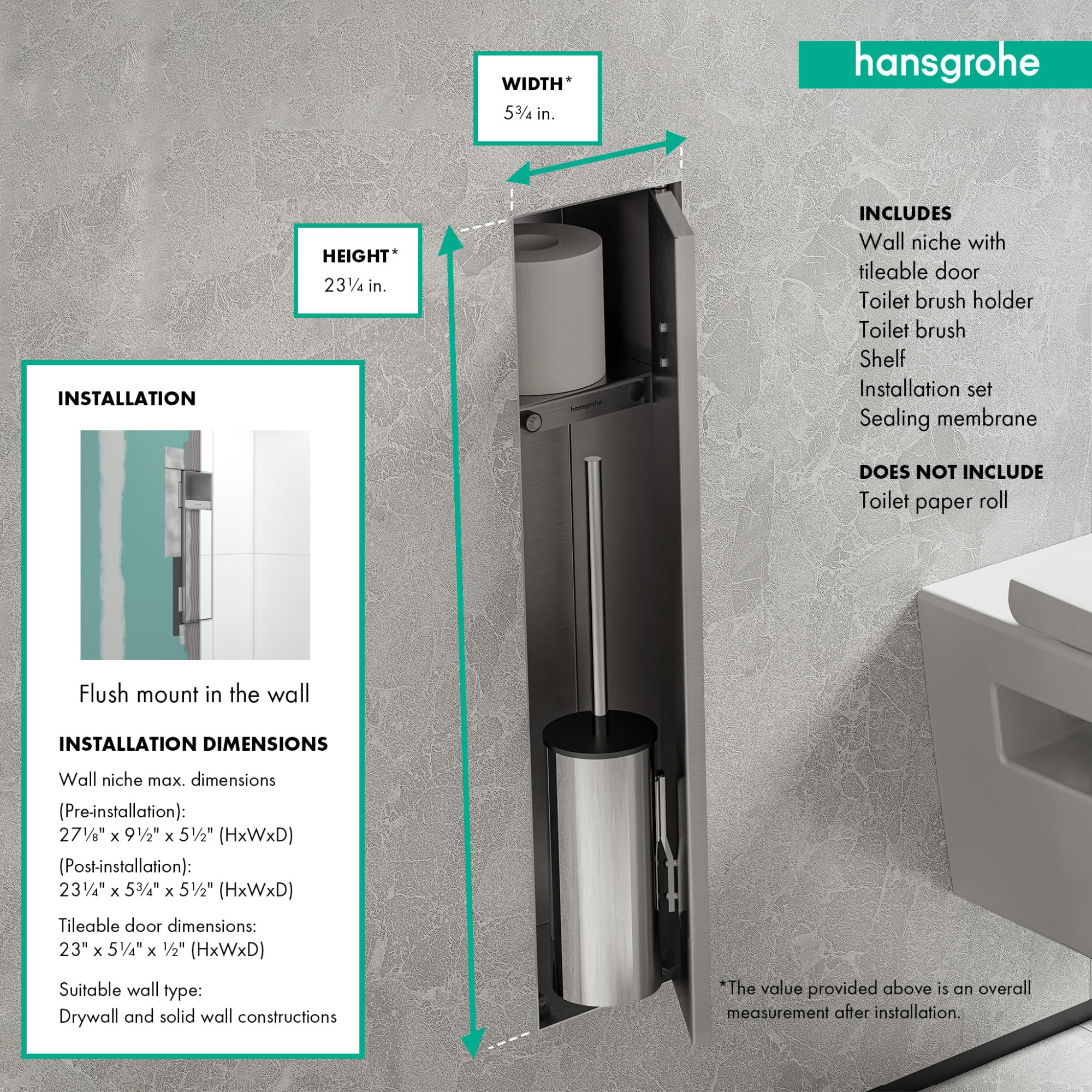 hansgrohe XtraStoris Rock, escobillero baño empotrado con repisa y puerta alicatable, nicho pared baño, escobilla wc empotrada, escobilla baño, accesorios baño, acero inoxidable cepillado, 56060800