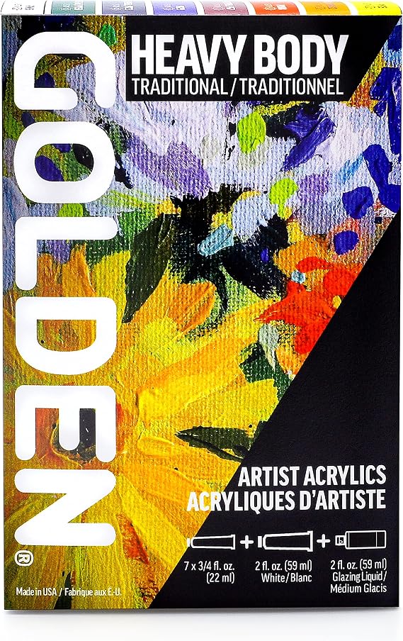 GOLDEN Heavy Body Acrylics Traditional Set, 8 Colors + Glazing Liquid | A selection of historically significant artist grade colors ideal for figurative painting.