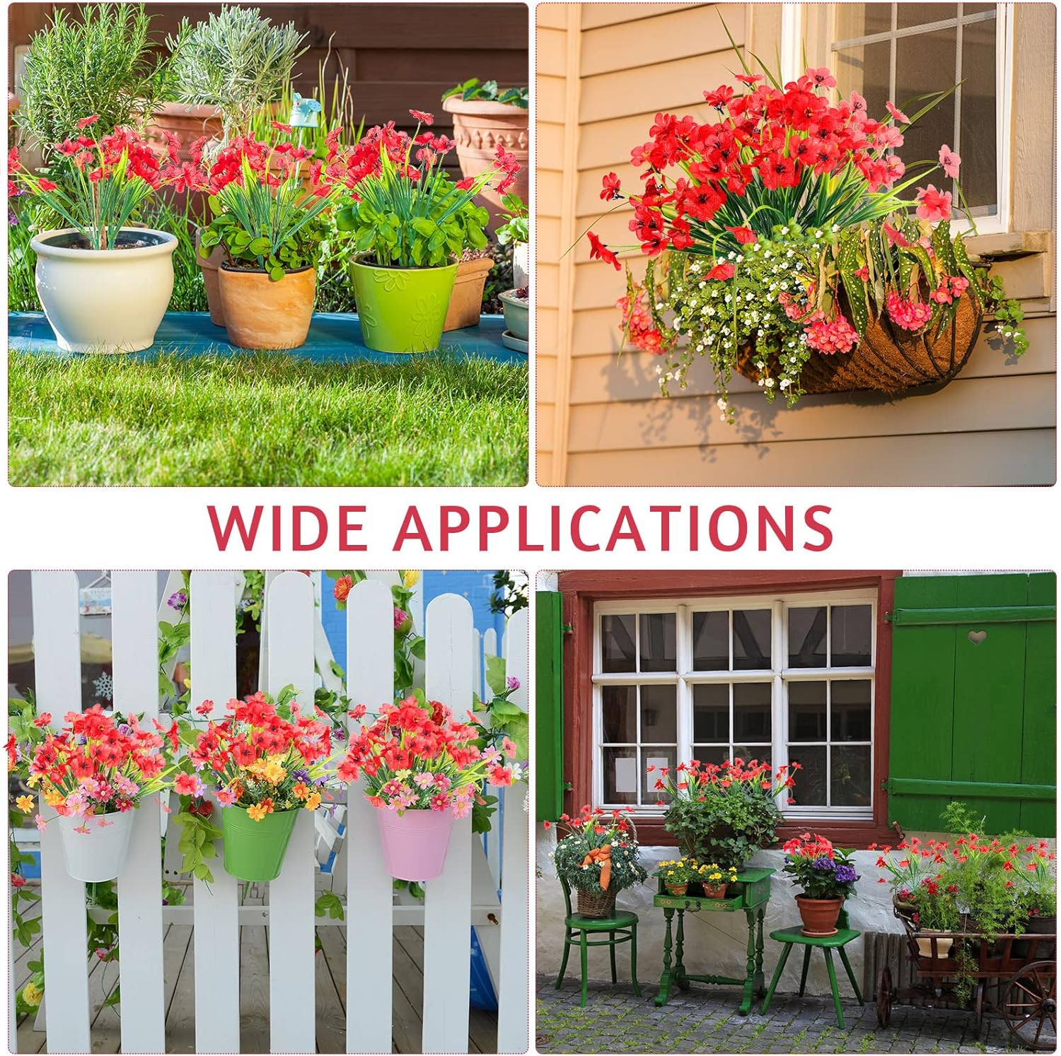 Janinka 48 Bundles Red Artificial Flowers Outdoor Faux Flowers UV Resistant Fake Plastic Plants No Fade Deep Red Greenery Shrubs for Porch Garden Planters Porch Window Wedding Box Decorating - Image 7