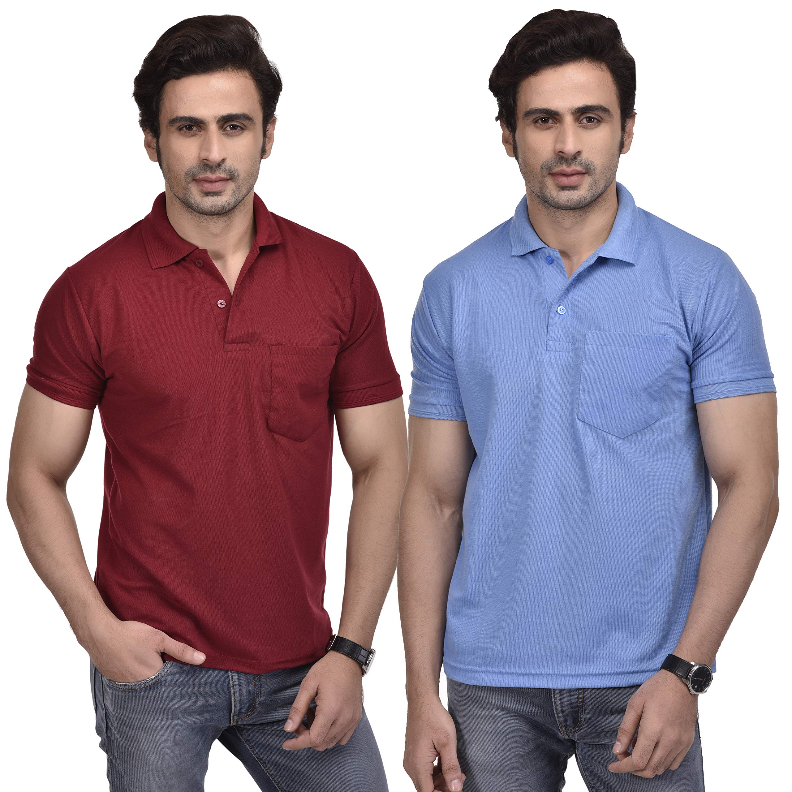 sman Men's Cotton Polo T-Shirt Regular Fit Half Sleeve T-shirt with Pocket | Casual T-shirt for Men and Boys Combo Pack (Maroon and Sky-Blue)-picture-27