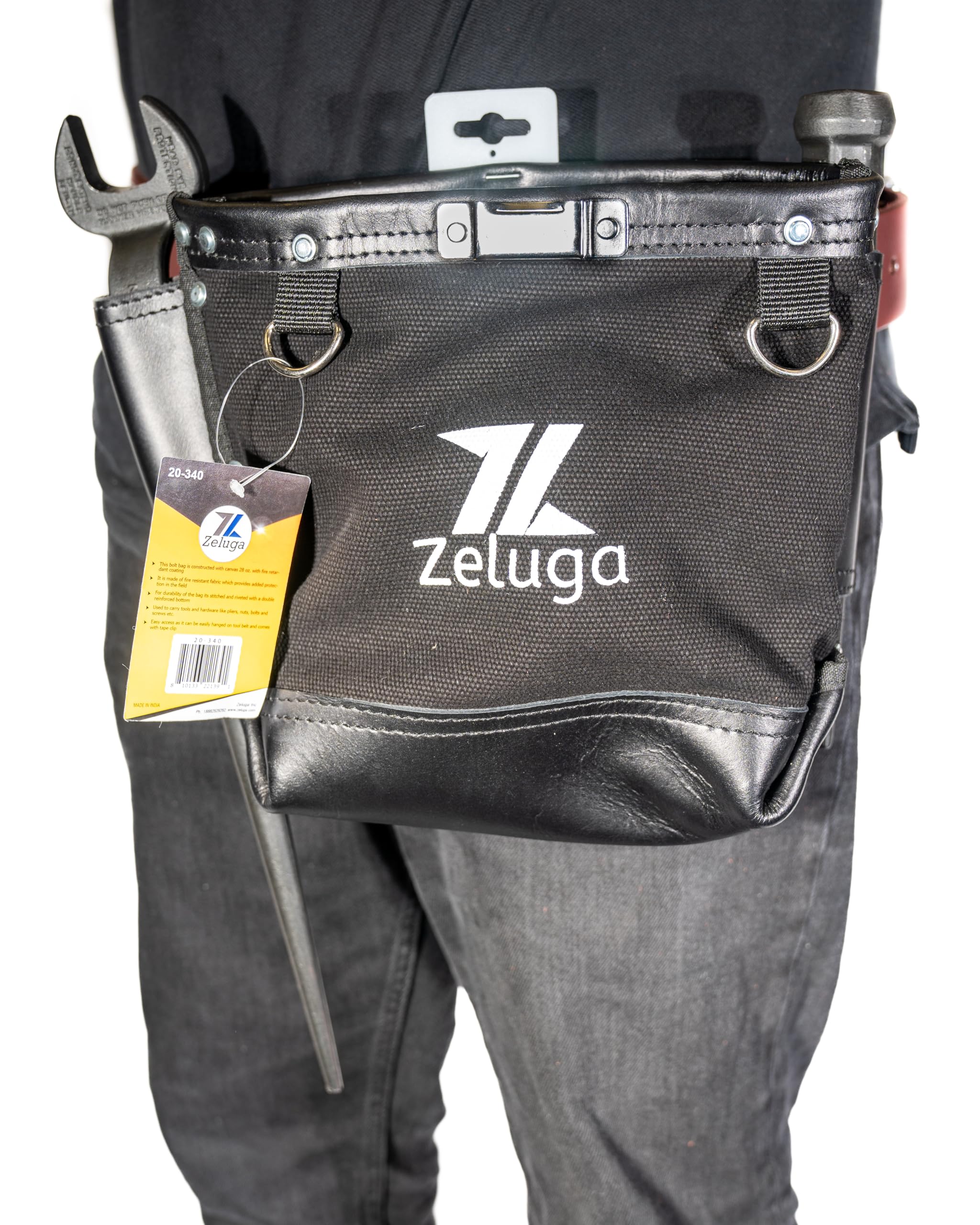 Zeluga 20-340 28 oz lona negra resistente al fuego tela y cuero negro con cinta clip bolsa de perno