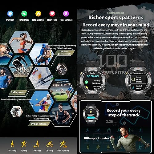 Miniatura 6 de Military GPS Smart Watch 1.45 IPS Screen, Built-In GPS, Altimeter, Barometer, Compass, FitnessWellness Tracker, BT Call, Games, Long Battery Life,