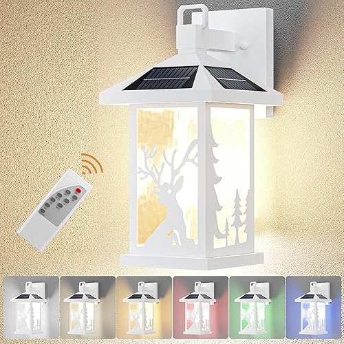 JAYNLT Luces solares de pared blancas, 3500 lm, linternas solares de alto lúmenes, 3000 K-5000 K regulables y 9 modos RGB, luces solares de porche,
