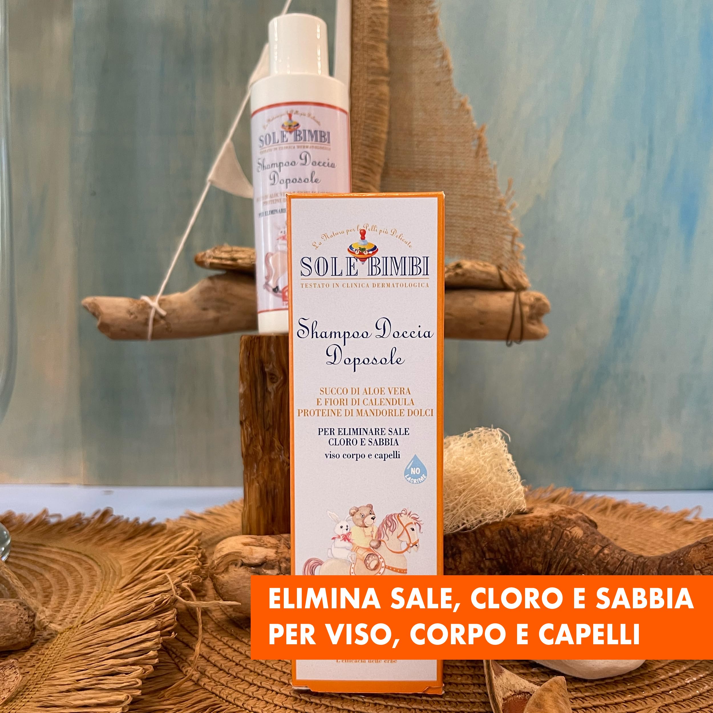 Helan, Sole Bimbi - Shampoo Bagnoschiuma Bambini Doposole Corpo, Viso e Capelli Idratante Calmante, Docciaschiuma Dopo Sole Ristrutturante con Proteine di Mandorle Dolci, Aloe Vera e Calendula, 150 ml