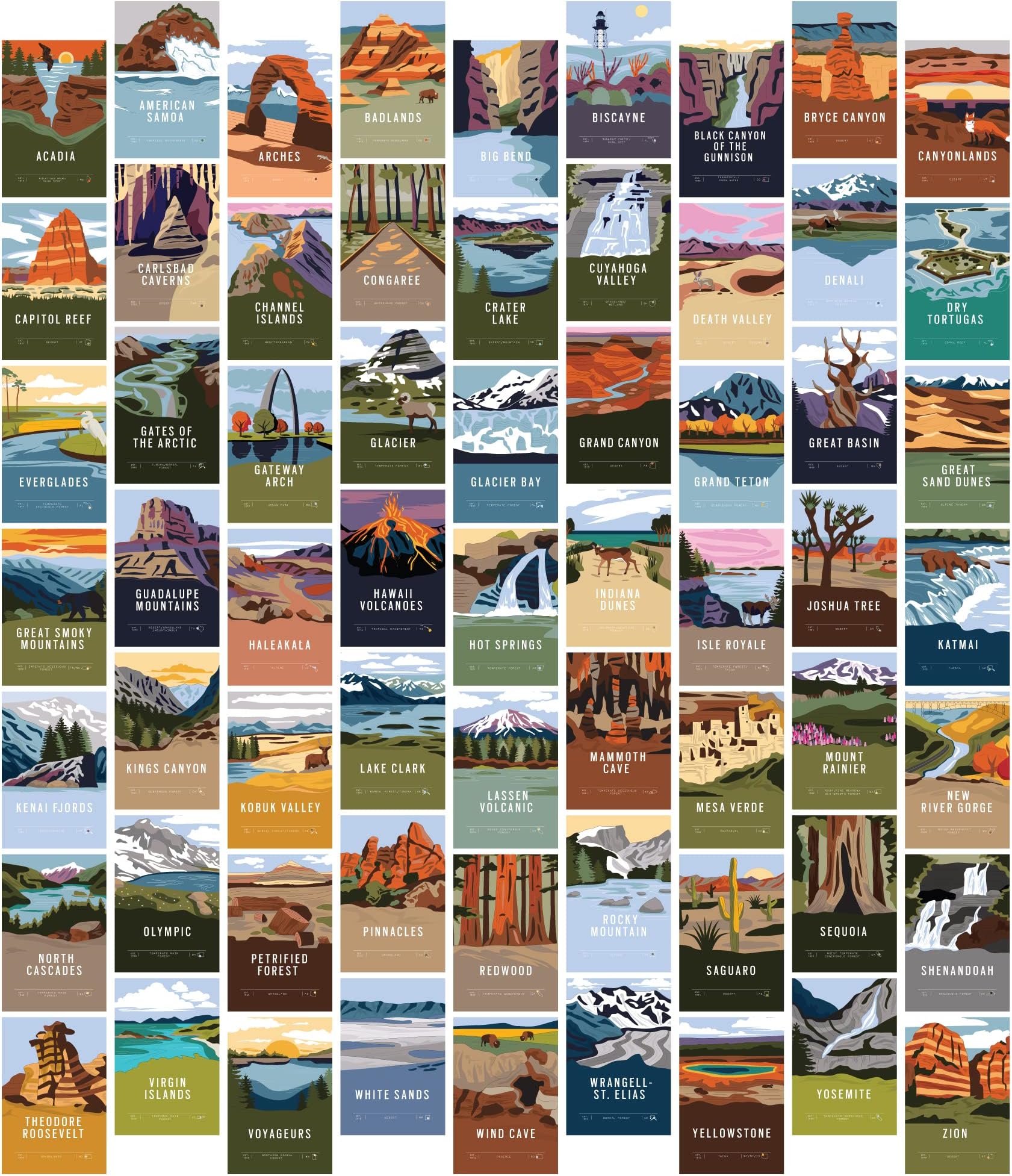 Pop Chart Lab | National Parks Wall Collage Kit | 63 Pcs 4" x 6" Art Prints | Track Your Travels to Every US National Park With America the Beautiful Wall Decor | 100% Made in the USA