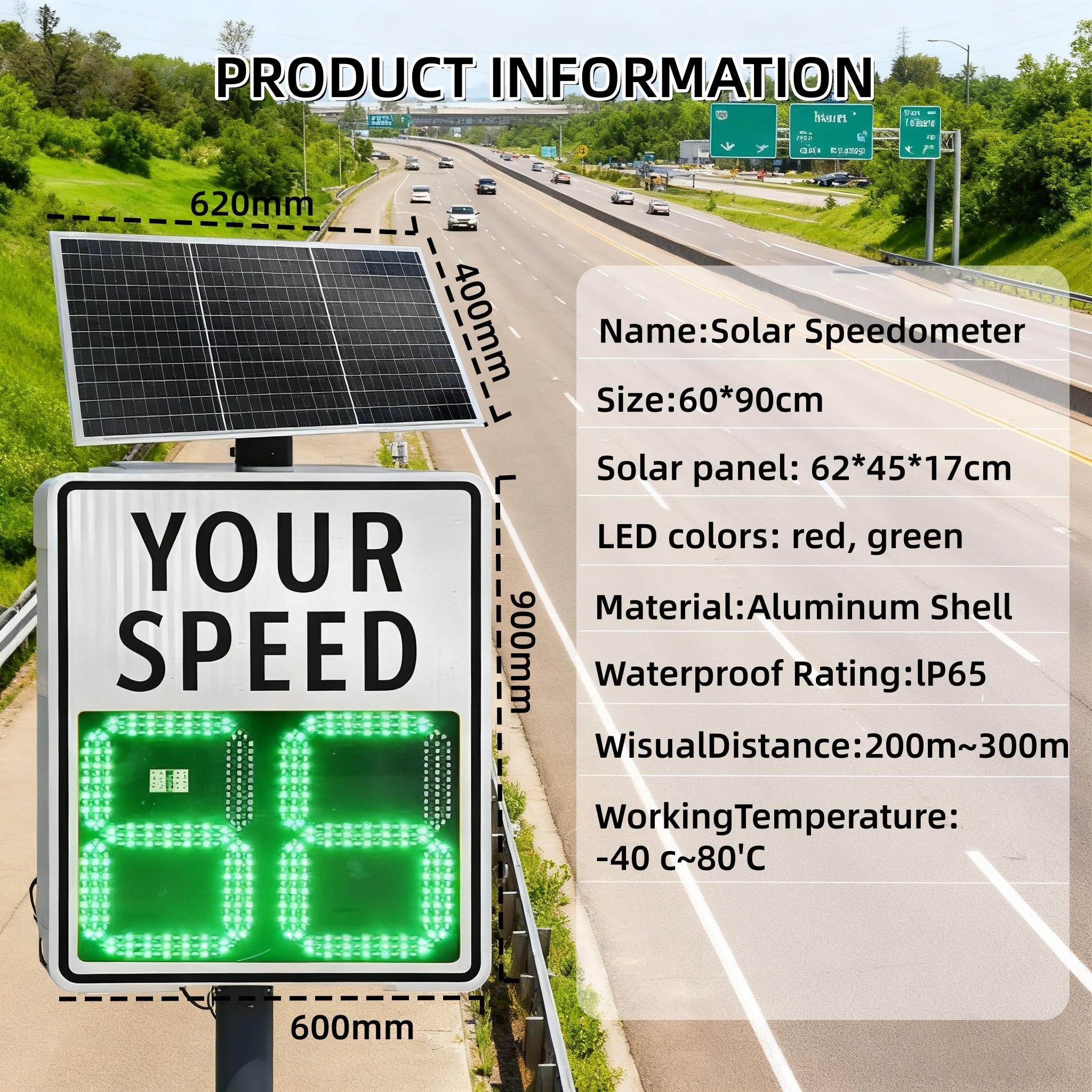 Señal de visualización de velocidad de radar, indicador de límite de velocidad intermitente, señal de retroalimentación LED alimentada por energía solar para uso en carretera y vecindario, 24 x 35