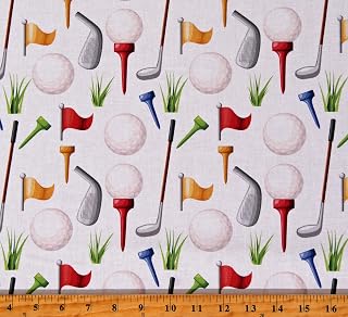 Cotton Golf Golfballs Golf Clubs Tees Flagstick Sports White Cotton Fabric Print by The Yard (116253)