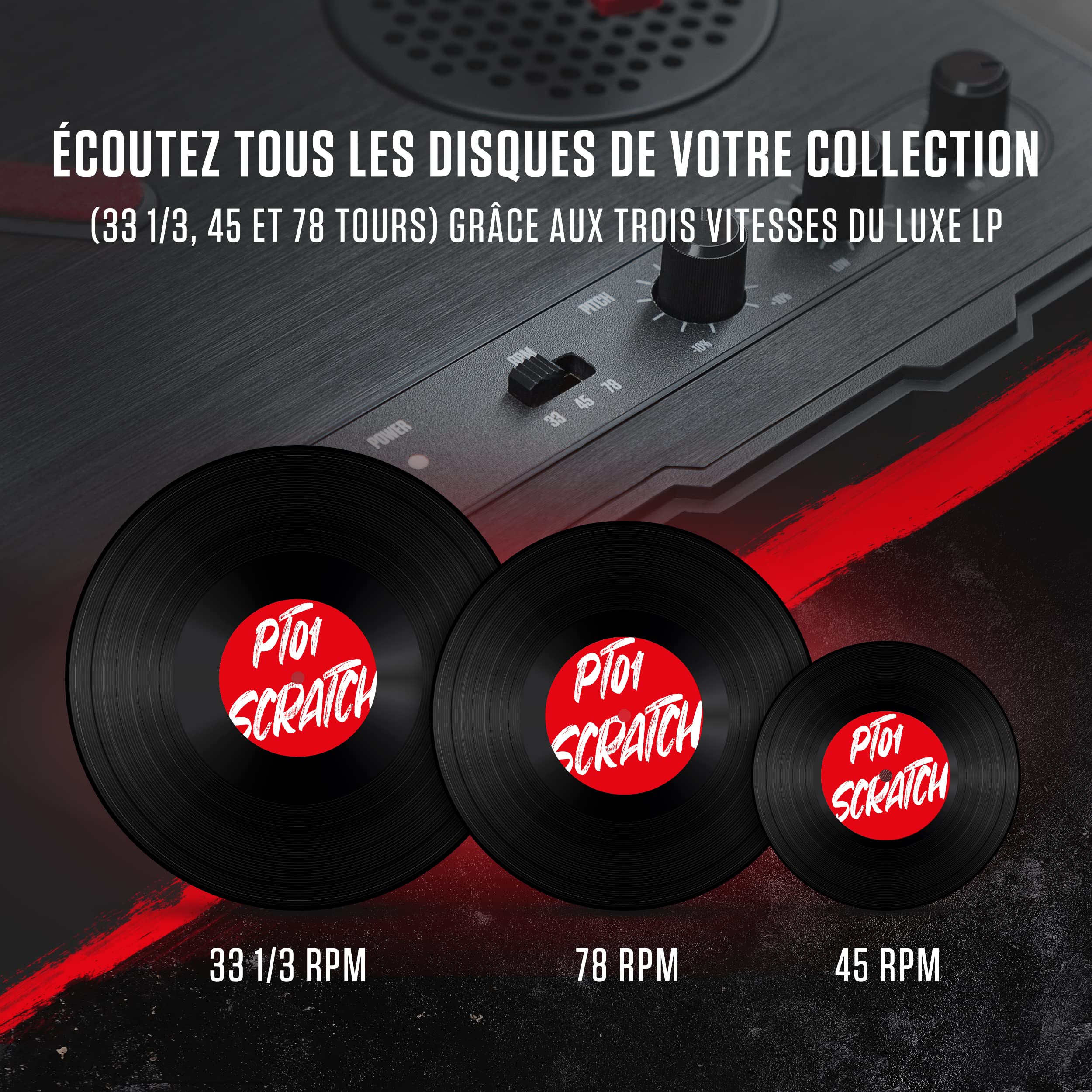 Numark PT01 Scratch Platine Vinyle Portable pour DJ avec Switch Remplaçable, Enceinte Intégrée, Alimentation sur Piles ou Secteur, 3 Vitesses, Connectivité USB