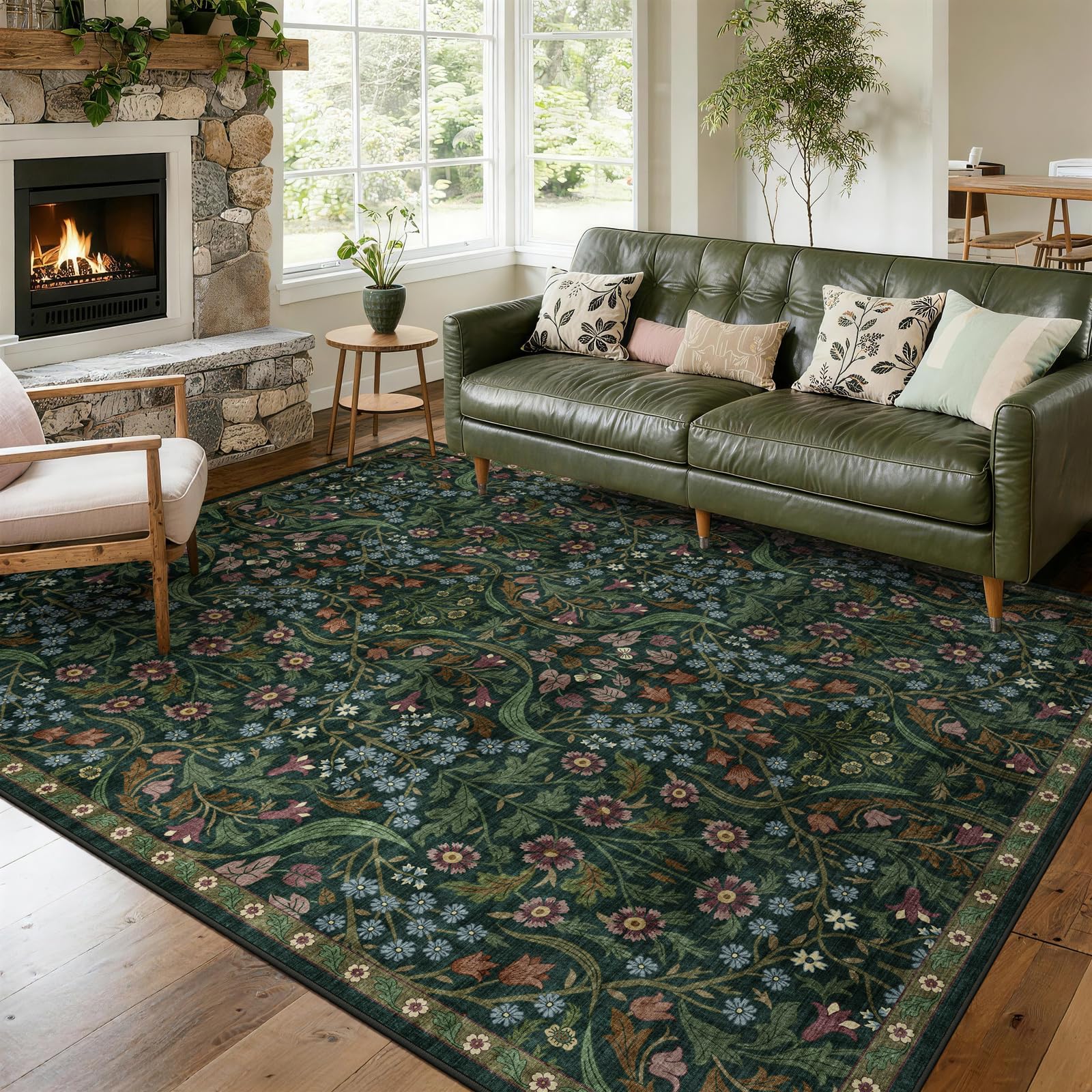 6x9 Washable Area Rug for Living Room, Floral Non-Slip Non-Shedding & Easy Care, Soft Low Pile Botanical Indoor Floor Carpet for Living Room, Bedroom, Farmhouse, Dining Room, Kids Playroom, Green