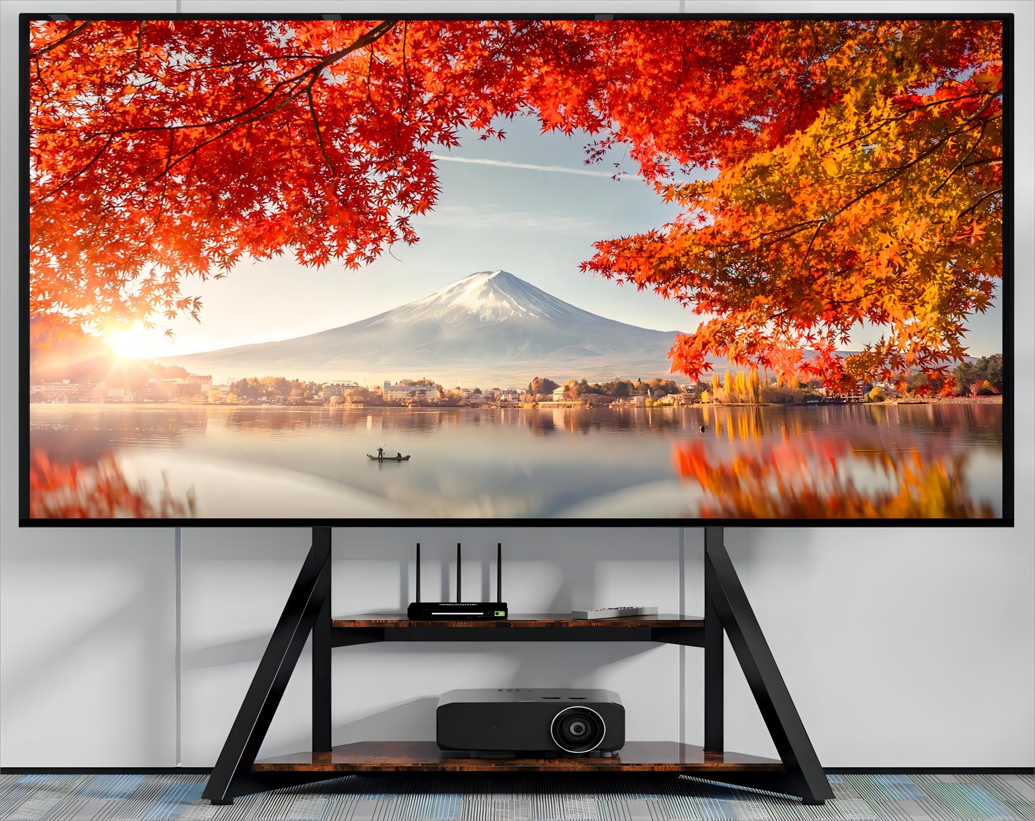 unho TV Stand with Mount, for 65 to 100 inch Large LCD/LED Flat Curved Screen Adjustable Heights Bracket Heavy Duty 2 Wooden Shelves Base VESA 800x600mm Max.Load Bearing 100kg