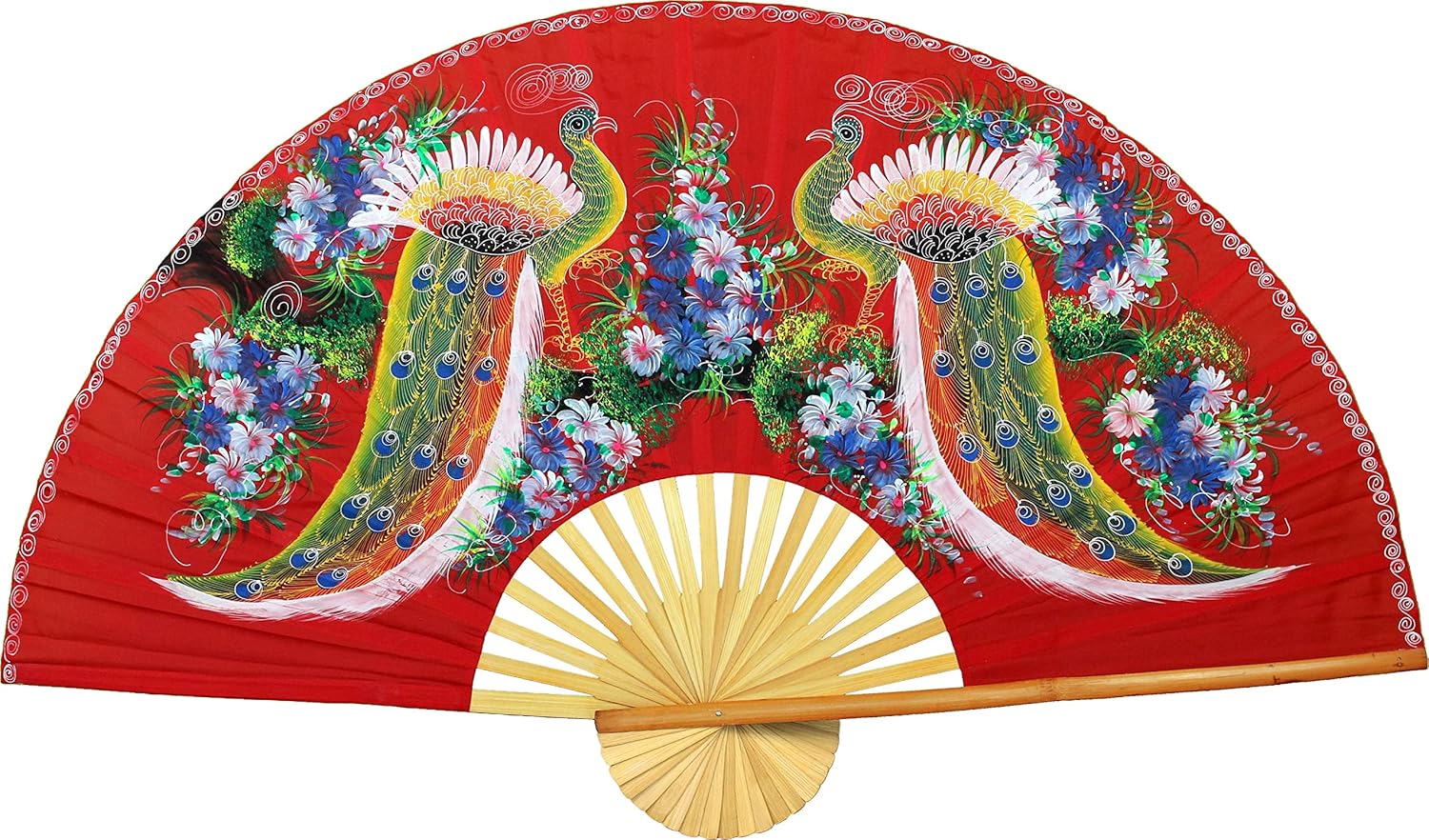 Meeting of the Peacocks Folding Wall Fan Hand-painted Wall Decor Art, Handmade Original Acrylic Painting on a Natural Bamboo Frame for Living Room or Bedroom Decoration (40 inch wide, Black)