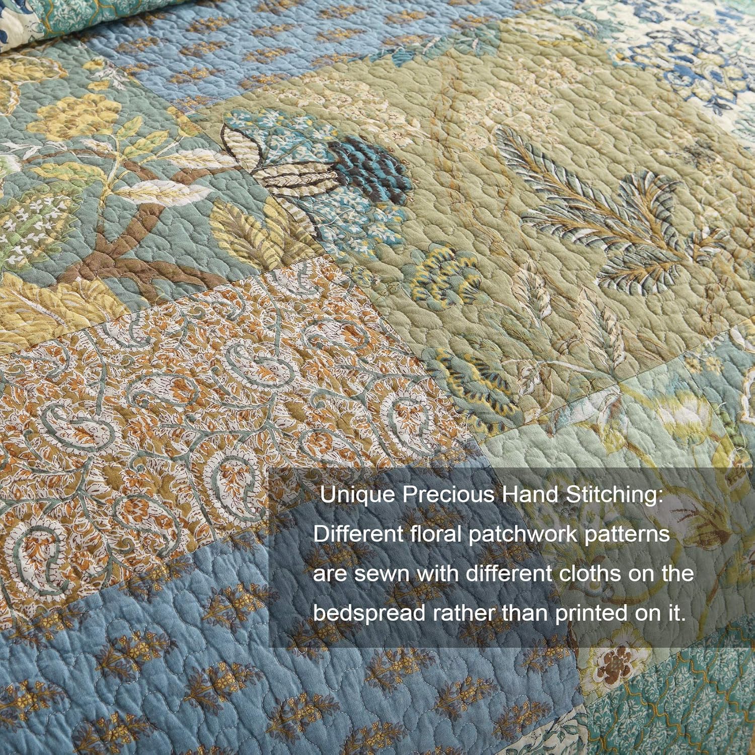 Cotton Bedspread Quilt Sets King Size, Reversible Bohemian Floral Patchwork with Real Stitched Plaid Patterns, 3-Piece Bedding Coverlet for All Season (1 Quilt + 2 Pillow Shams) - Image 4