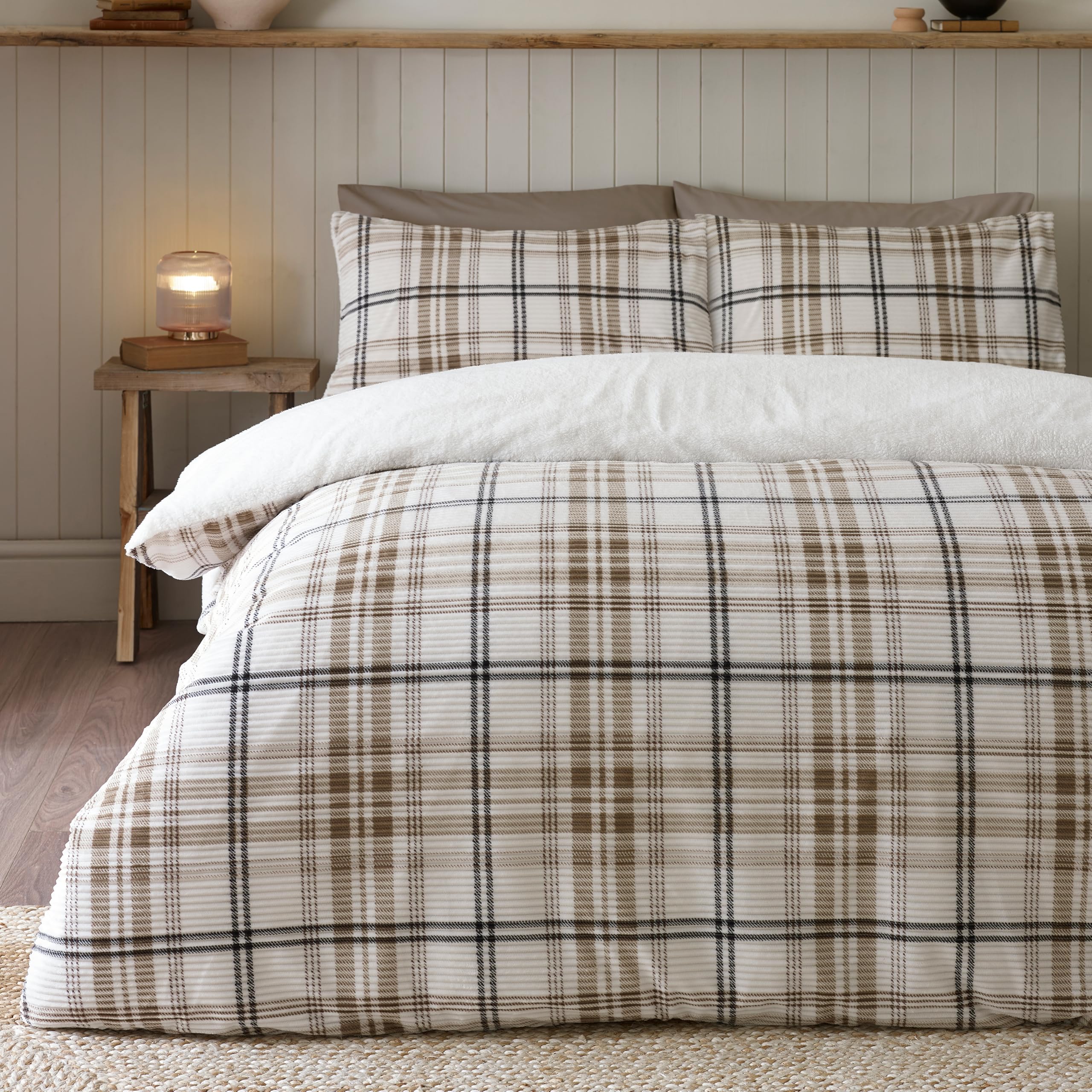 Catherine Lansfield Cosy Ribbed Check Double Duvet Cover Set Natural