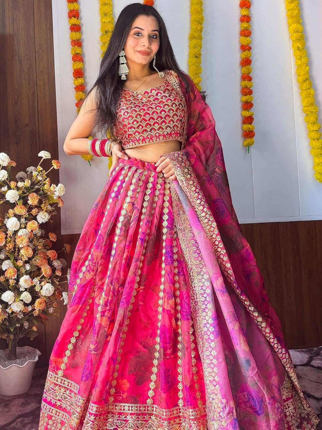 Woman's Stunning Pink Floral Printed Organza Bridesmaid Lehenga Choli.