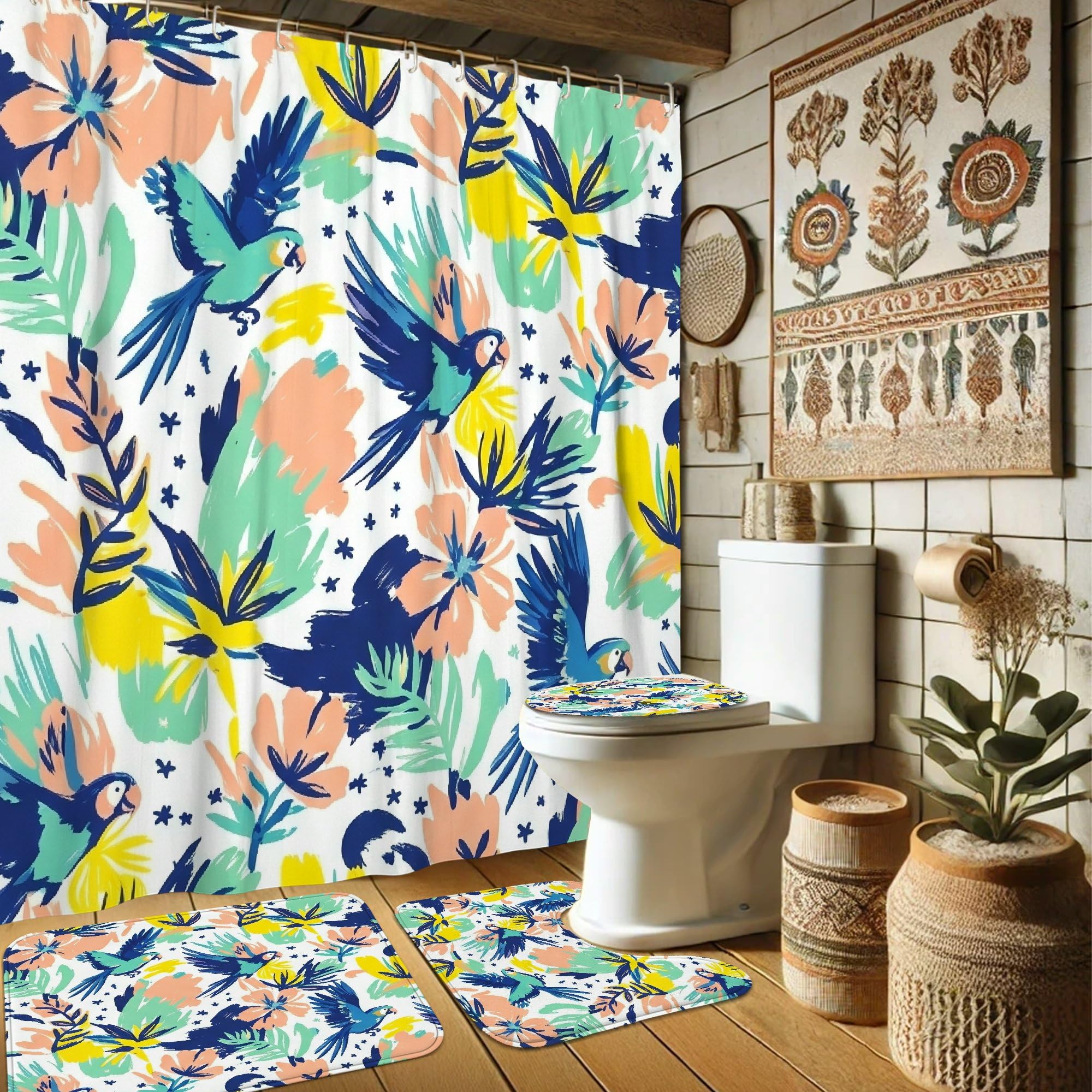 Rideau de douche en tissu imperméable anti-moisissure 183x183 cm aux fleurs tropicales