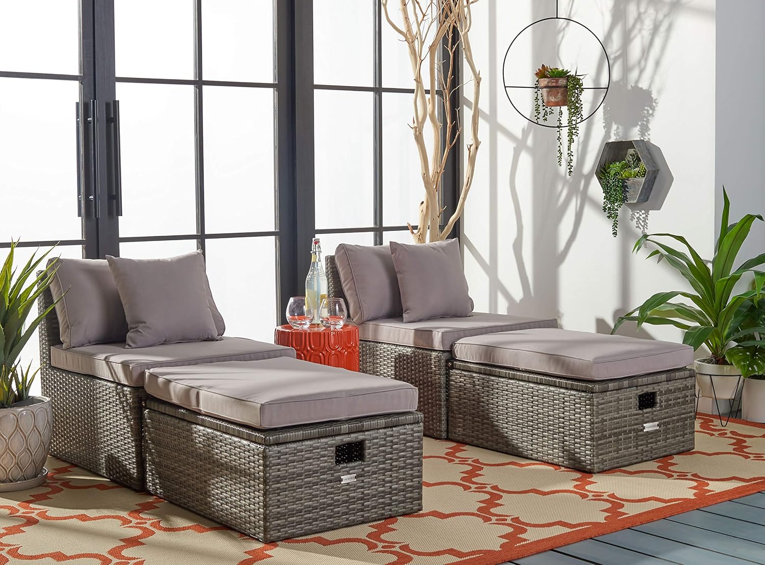 SAFAVIEH Outdoor - Pramla Settee and Ottoman Set - Grey & Grey - Steel Frame with Cushion - Coastal Storage Design - Ideal for Patio, Deck, Porch, Backyard (PAT7515B)