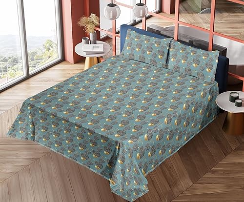 Miniatura 5 de Ambesonne Tropical Sheet Set, Repetitive Exotic Palm Tree Leaf Pattern with Golden Tone Round Shapes, Fitted and Flat Sheet with Pillowcases Bedding