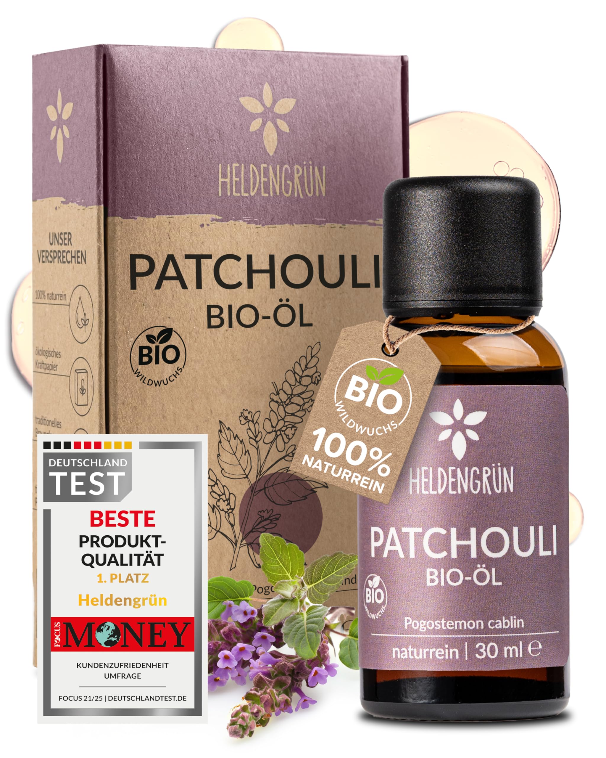 Heldengrün© BIO Patchouli Öl [100% NATURREIN] - Reines Patchouli Duftöl - Patchouliöl in Parfumqualität - Nachhaltiger Wildwuchs - Ätherisches Öl