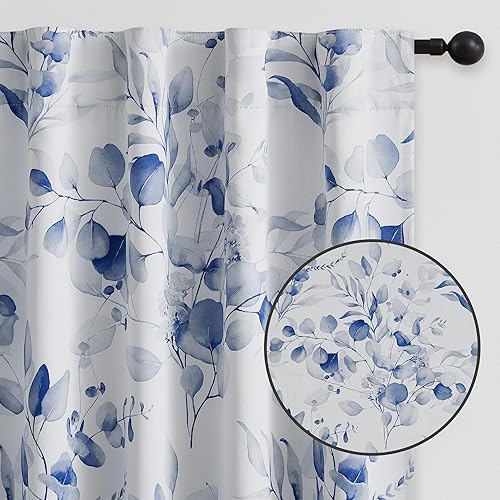 Miniatura 5 de Cortinas 100% opacas con patrón floral azul, 63 pulgadas de largo para dormitorio, estampado de hojas de acuarela, cortinas con aislamiento térmico