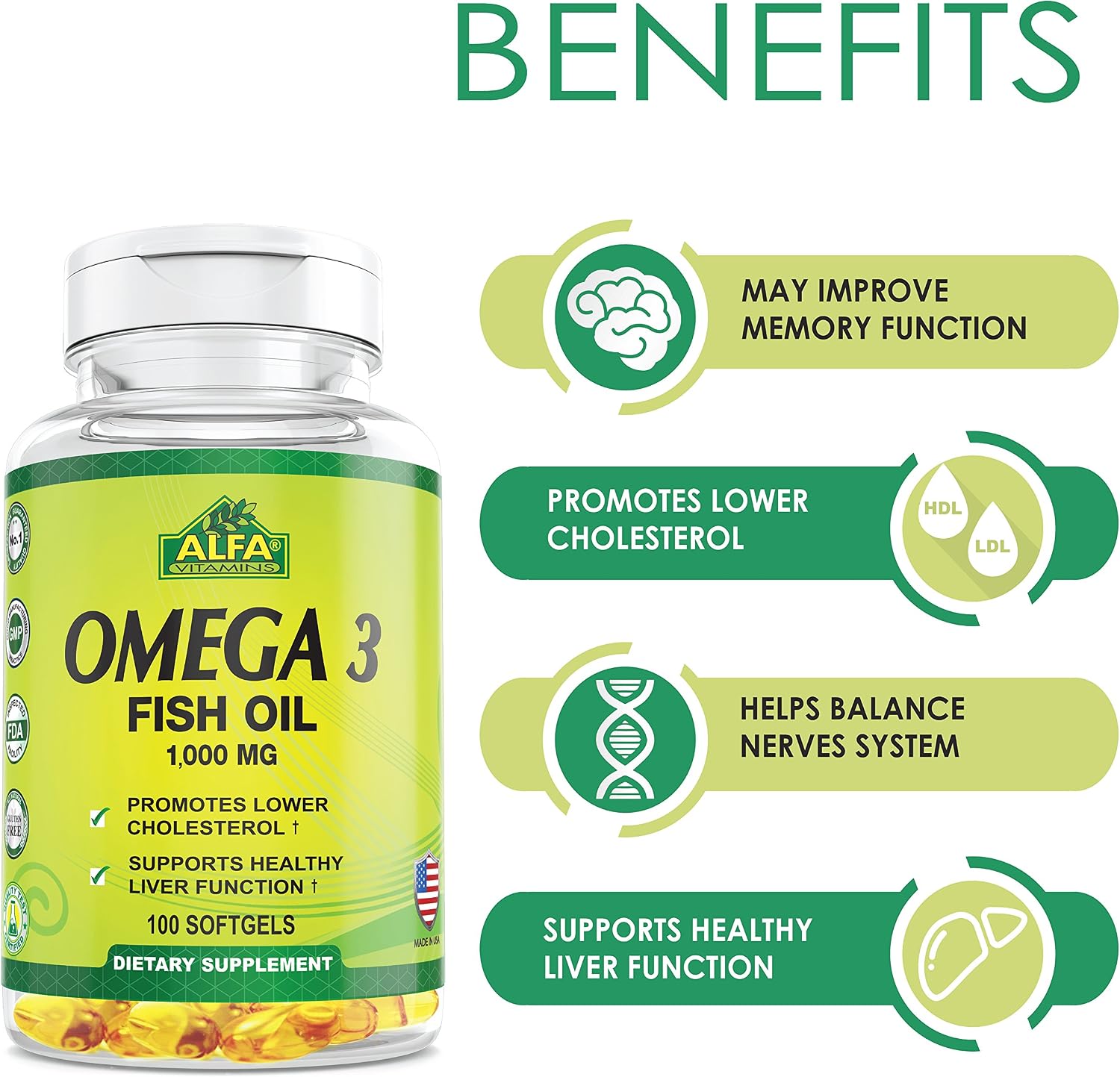 Amazon.com: Omega 3 by Alfa Vitamins - Fish Oil 1000 MG for Lower  Cholesterol Support \u0026 Healthy Liver Function - 100 Softgels 2 Pack : Health  \u0026 Household