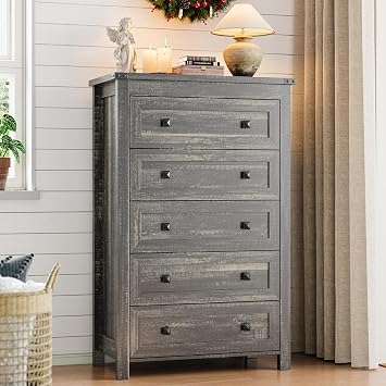 Xixini Dresser for Bedroom with 5 Drawers, Tall Wood Chest of Drawers, Modern Farmhouse Closet Clothes Organizer, Storage Tower Cabinet with Metal Handle for Hallway, Living Room, Entryway, Dark Brown