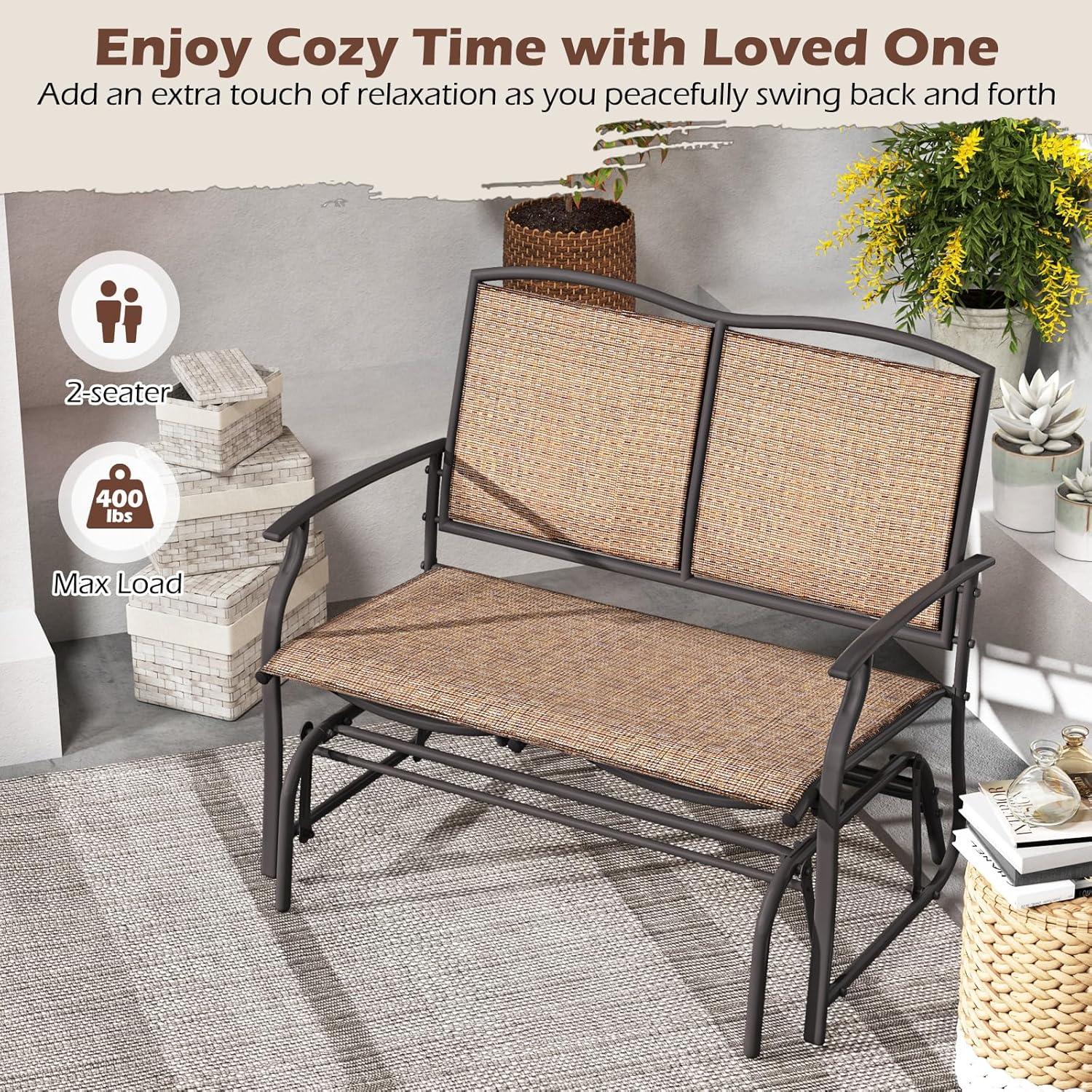 Giantex Patio Glider, 2-Person Outdoor Rocking Chair with Metal Frame and Breathable Fabric, Load 400 Lbs, Heavy-Duty Swing Bench, Loveseat, Outside Rocker for Porch, Garden and Backyard (Brown)