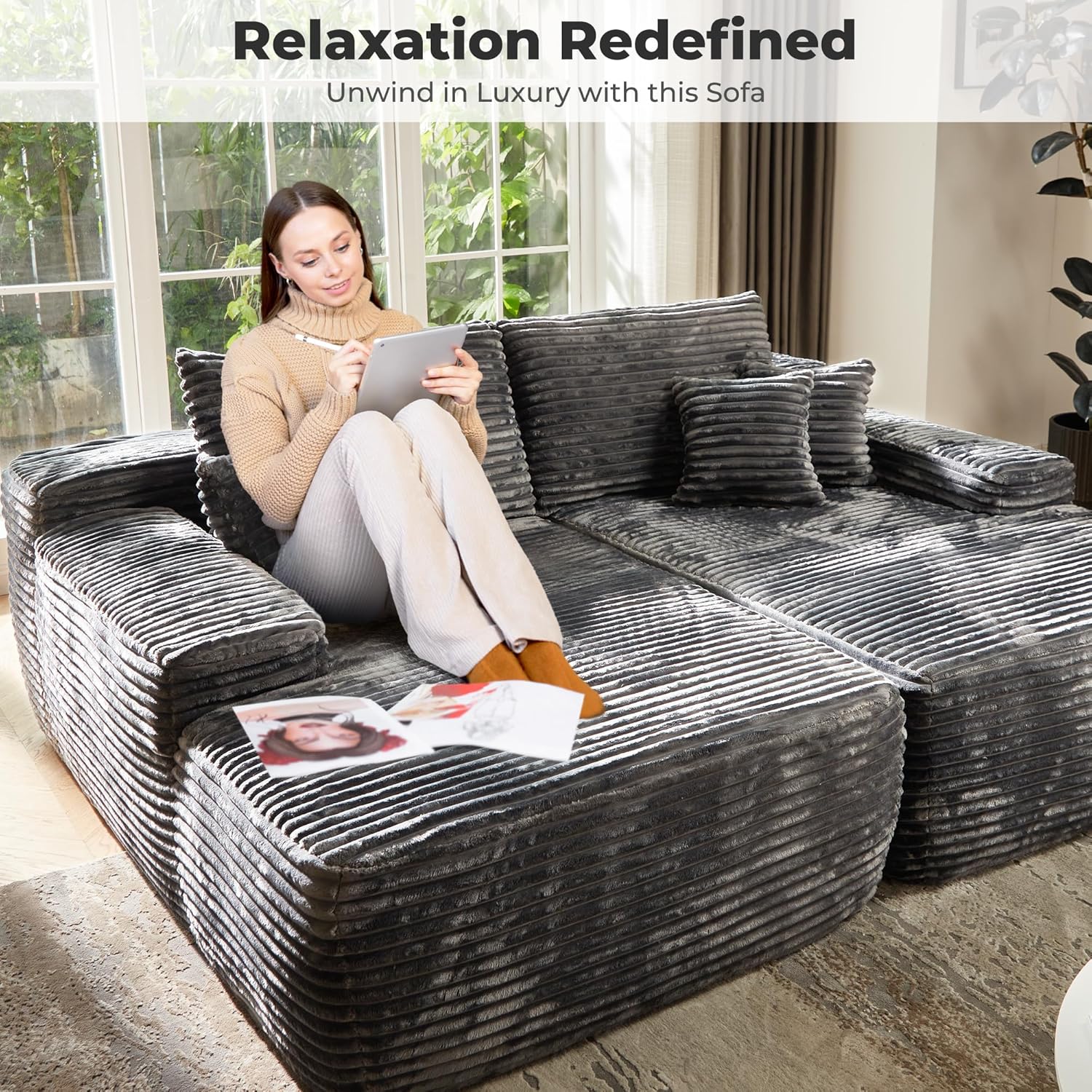 CAODOC 81" Oversized Loveseat Chaise Longue, Fluffy Sleeper Chaise Longue Indoor,Upholstered Sofa Bed for Living Room Bedroom, Gray