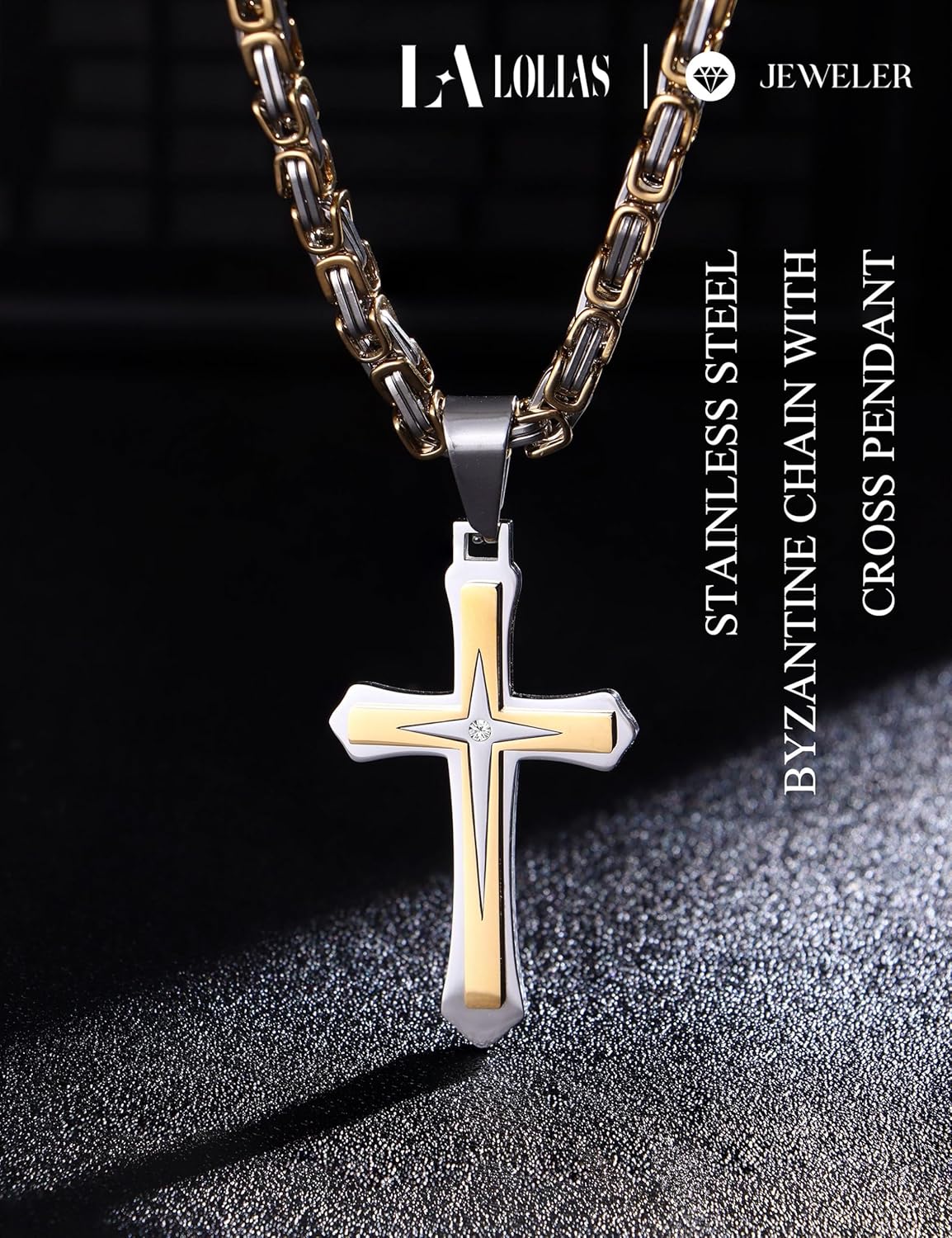 LOLIAS Black 14K Gold Plated 𝐂𝐫𝐨𝐬𝐬 𝐍𝐞𝐜𝐤𝐥𝐚𝐜𝐞 for Men Stainless Steel 𝐁𝐲𝐳𝐚𝐧𝐭𝐢𝐧𝐞 Chain With Cross Pendant Necklace 𝐌𝐞𝐧𝐬 𝐆𝐢𝐟𝐭 22-30Inch - Image 3