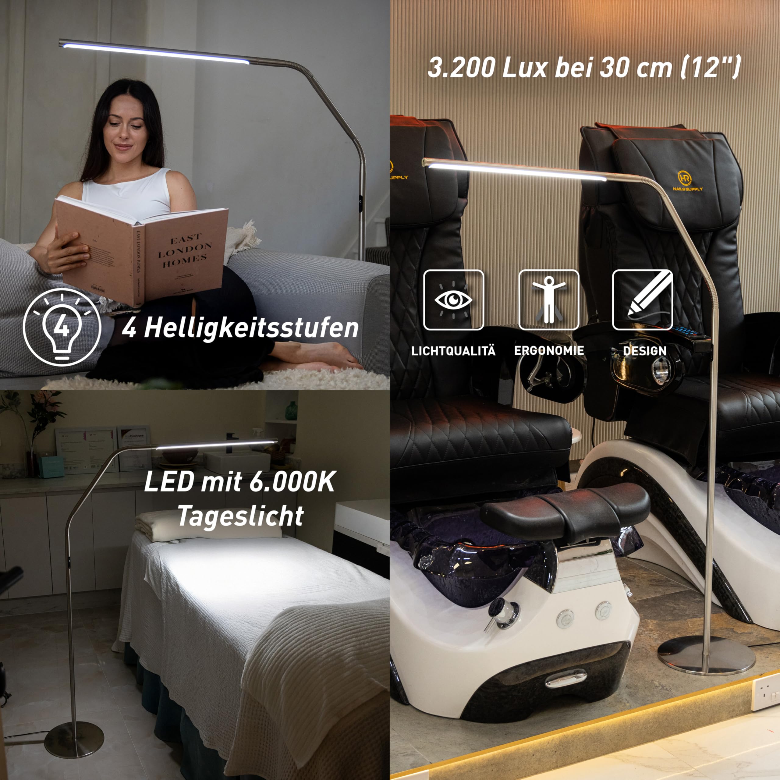 Daylight Slimline 4™ LED Stehlampe – 6000K, 3200 Lux, 4 Helligkeitsstufen, USB-C-Anschluss, Blendschutzschirm, Flexible Höhenverstellung, Stehleuchte für Zuhause & Wohnzimmer, Gebürsteter Stahl