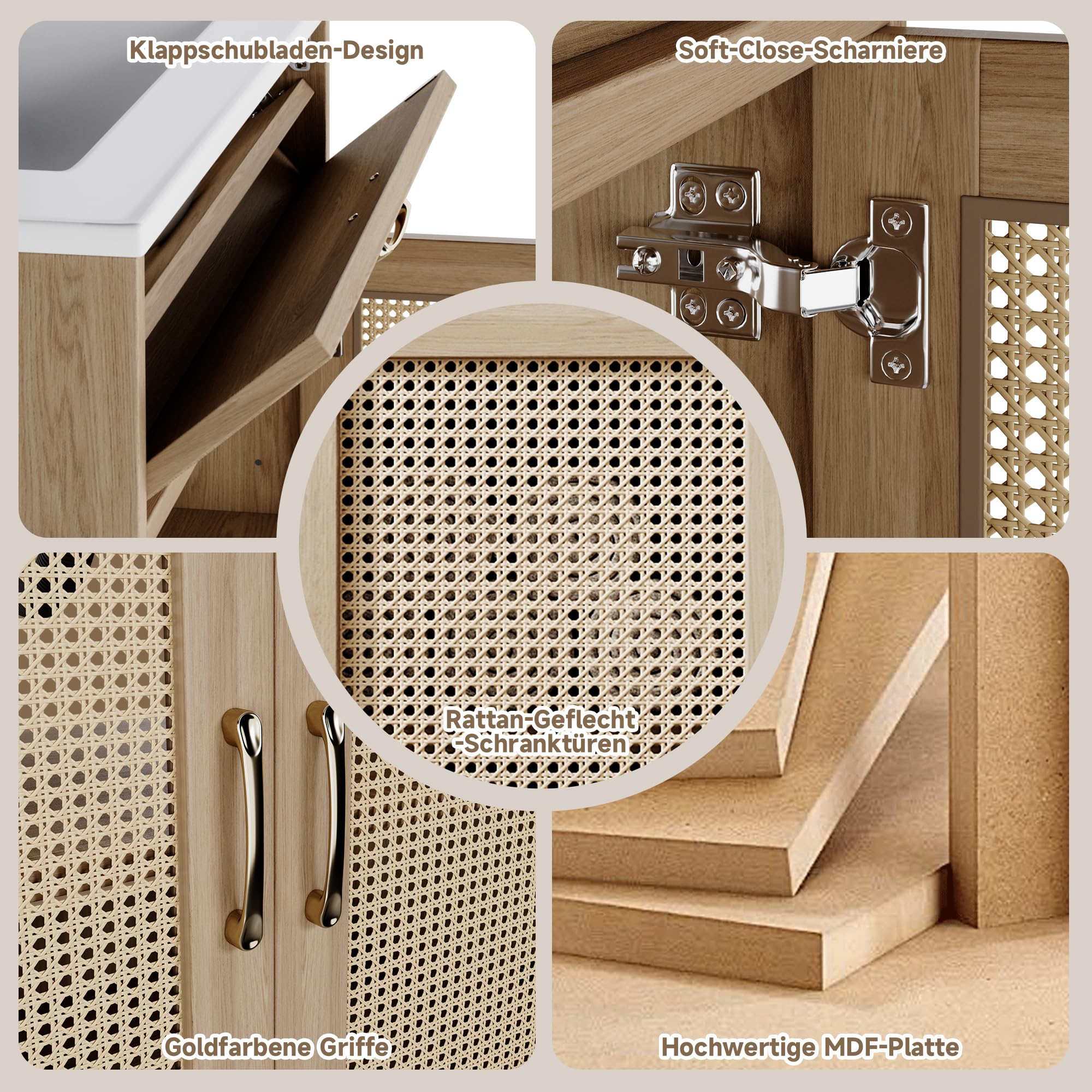 Tocador de baño independiente, resistente a la humedad, con diseño de elevador de cajones y puertas dobles de cierre suave, patas altas con detalles de ratán, lavabo de cerámica, color natural