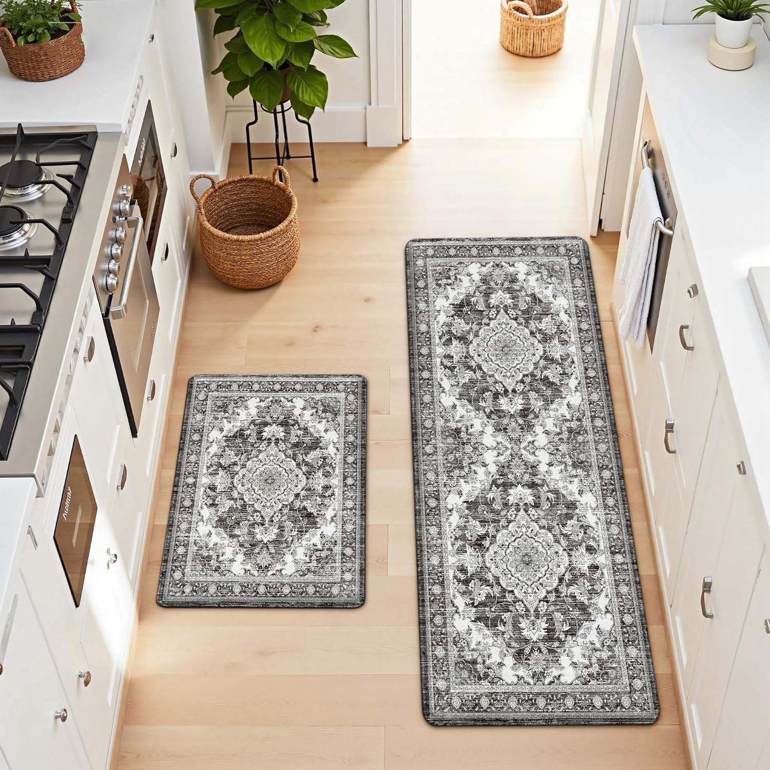 Boho Kitchen Mats for Floor 2 Piece Set Anti Fatigue Cushioned PVC Kitchen Rugs Non Slip Waterproof Farmhouse Mats 2/5 Inch Comfort Standing Mat for Sink, Laundry, Office, 17.3"x47"+17.3"x28", Grey
