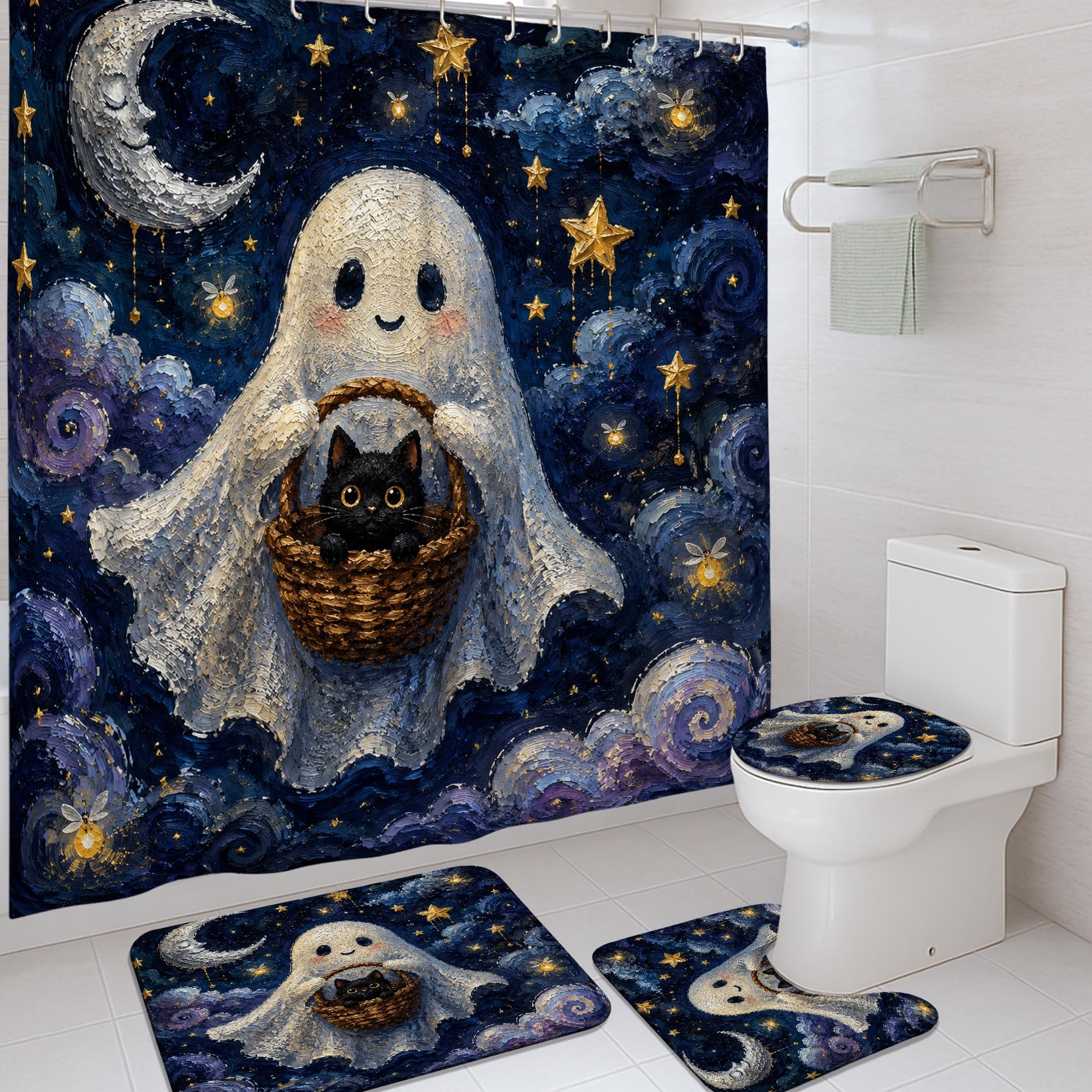 Rideau de douche fantômes au motif ludique de chat et lune avec son tapis de bain assorti