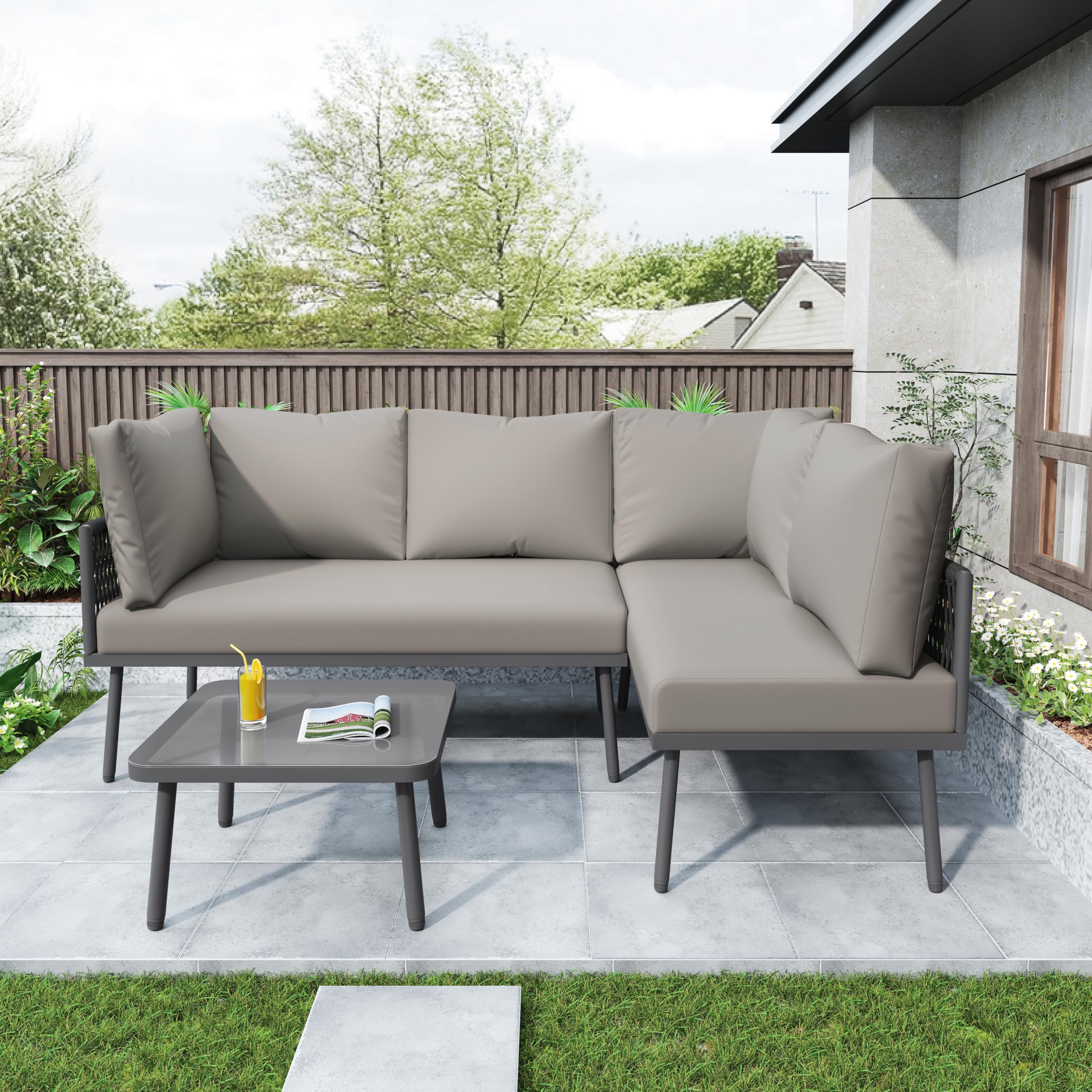 Zepneiy Ensemble de Meubles de Jardin en L, Ensemble de chaises Longues en Fer avec Coussins d'assise et Pieds réglables, 2 canapés et 1 Table, Gris (Coussins d'assise Inclus)
