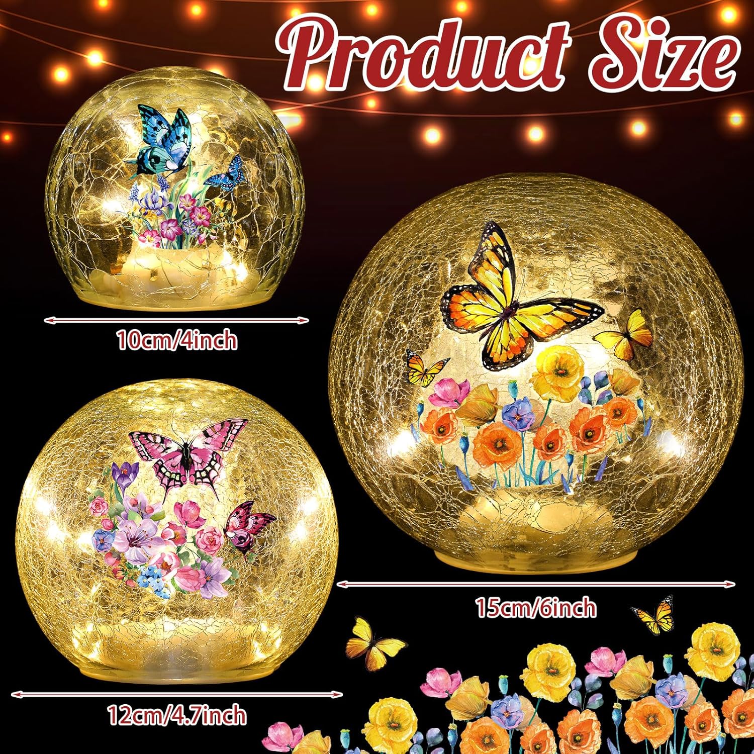 3pcs Spring Crackle Glass Ball Lights - Butterfly Ball Lamp Ornaments Indoor Globes Decorations LED Night Tabletop Decorative Sphere Lamp for Home Decor - Image 2