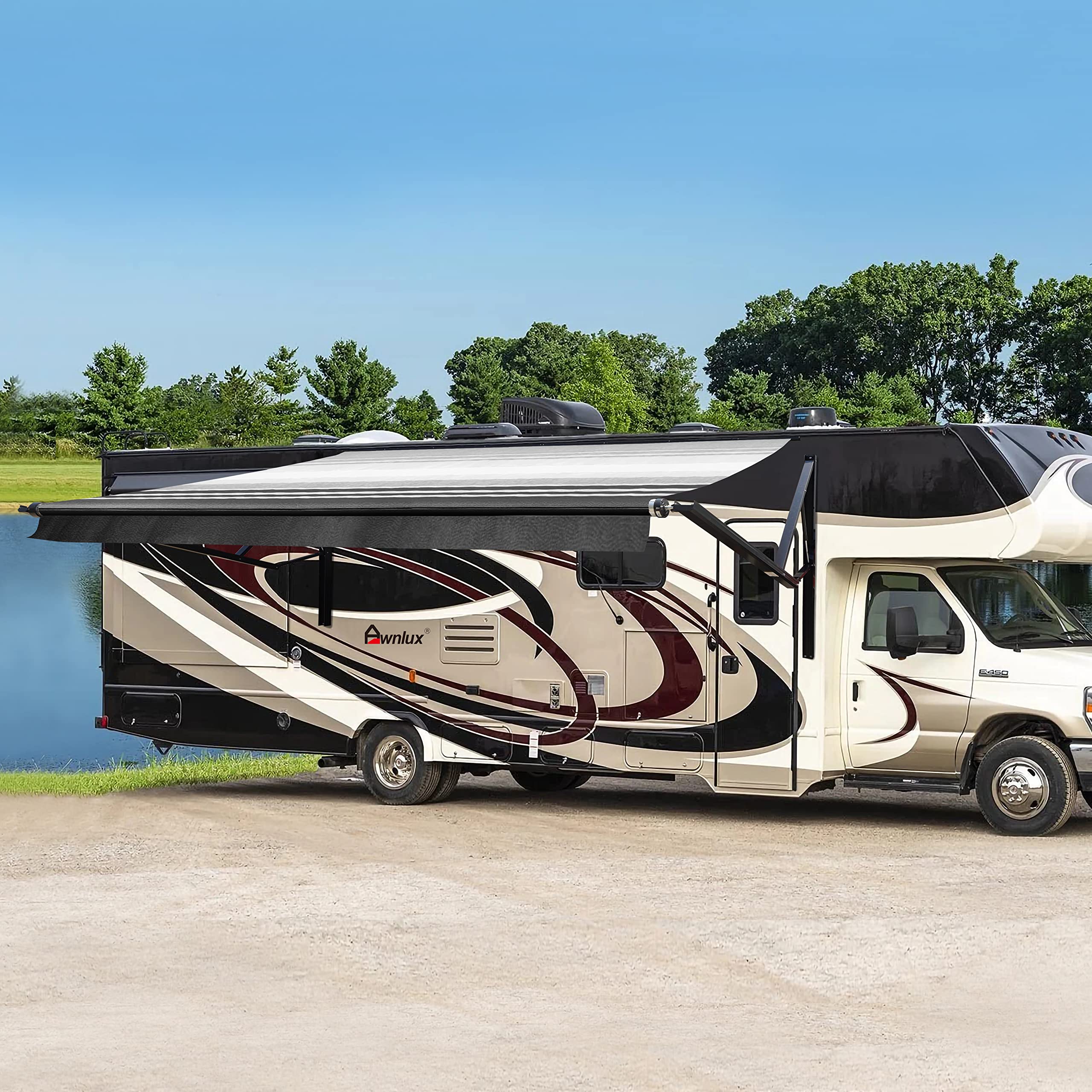 Awnlux Black Motorized Modular Retractable RV Awning Full Set Assemblies for RV, 5th Wheel, Travel Trailers, Toy Haulers, and Motorhome-RV Trailer Awning for Home or Camper-18x8 Ft-Black Strip-