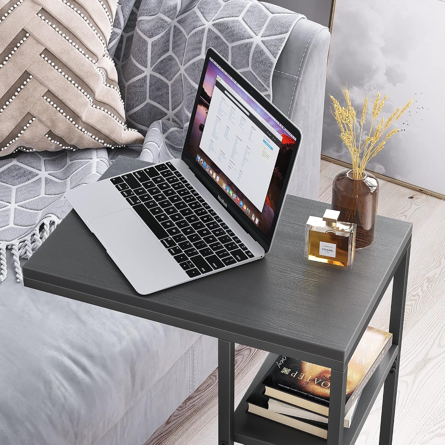 CubiCubi C Shaped End Table, Side Table for Couch and Bed, Rustic Table Living Room Bedroom, Small Table with Metal Frames, Modern Design, Black