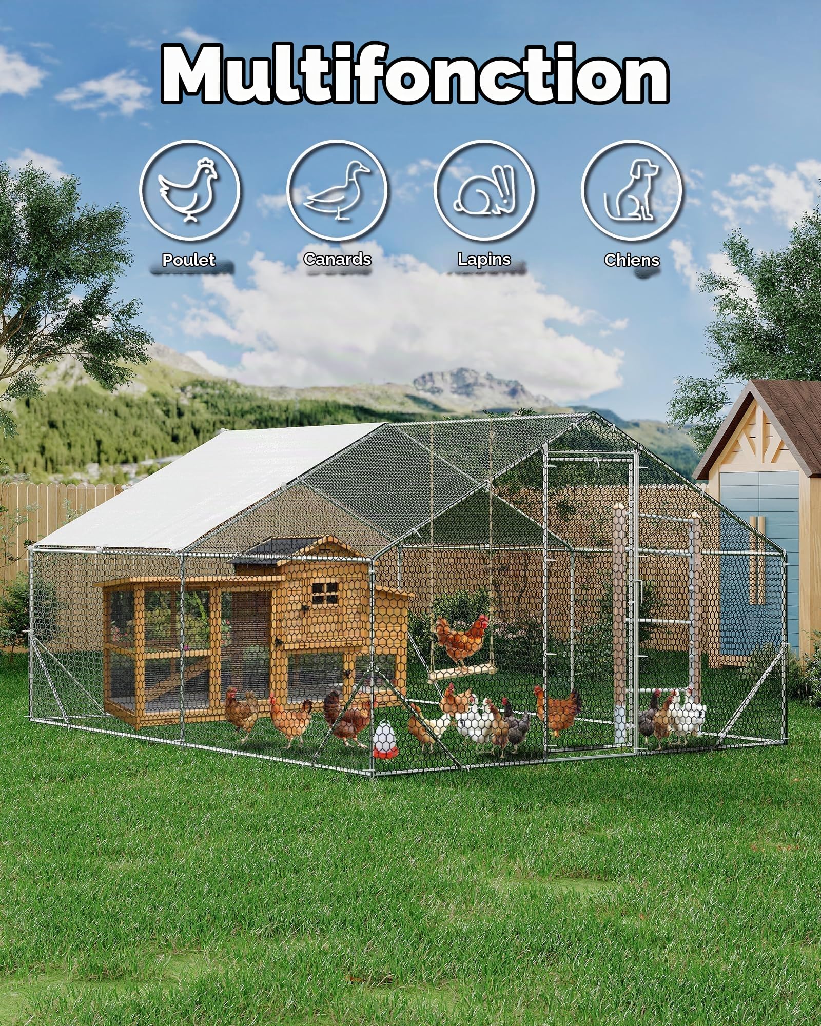 Grand Poulailler Métallique 3 x 2 x 2 m, Enclos pour Poules avec Tube en Acier Galvanisé, Toit en Bâche PE Résistante, Imperméable & Anti-UV, pour Poules et Petits Animaux, Extérieur