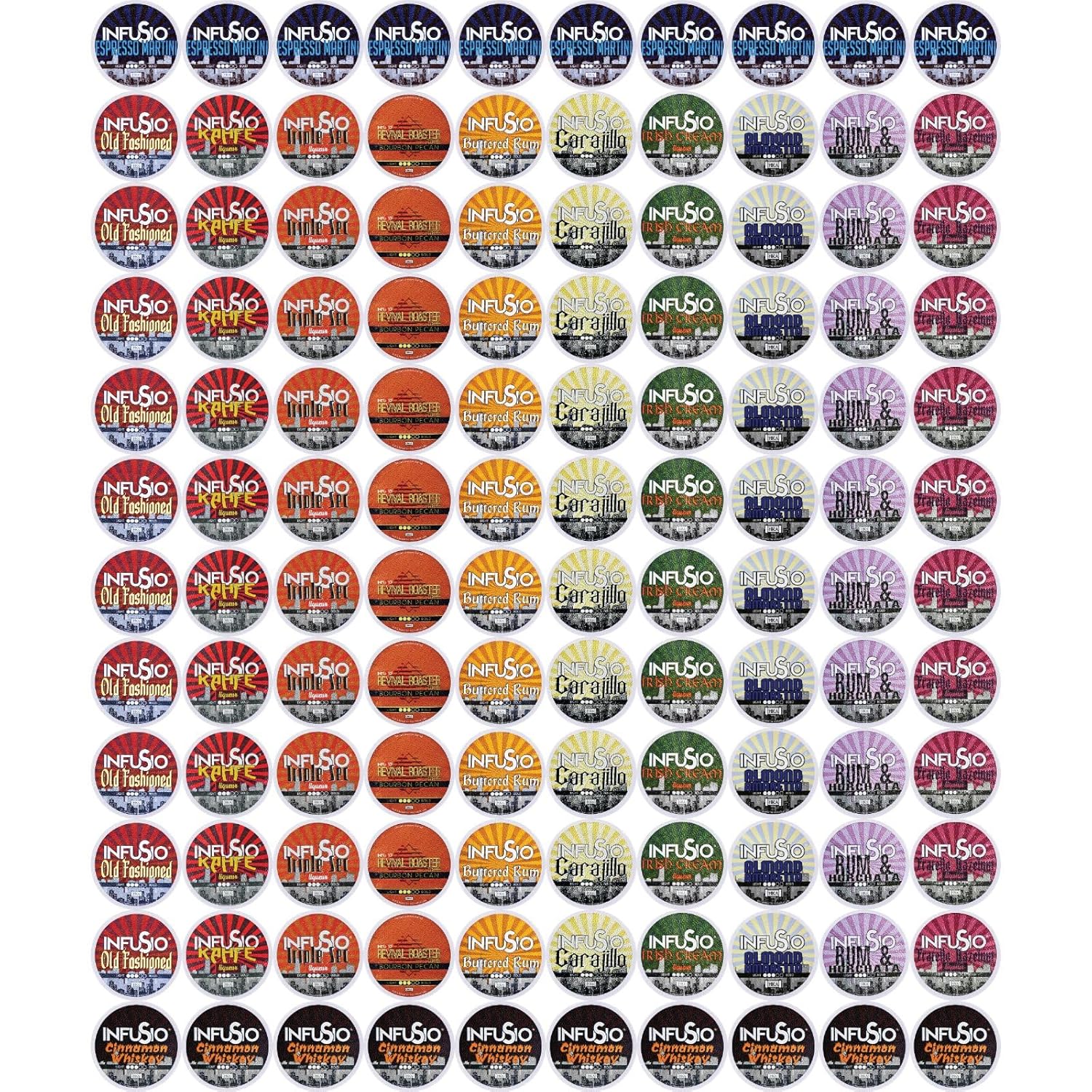 InfuSio Flavored Coffee Pods Variety Pack - 120 Count Flavored Medium Roast, 12 Curated Blends Inspired by Classic Cocktails, Compatible with Keurig K cups 2.0 Brewer