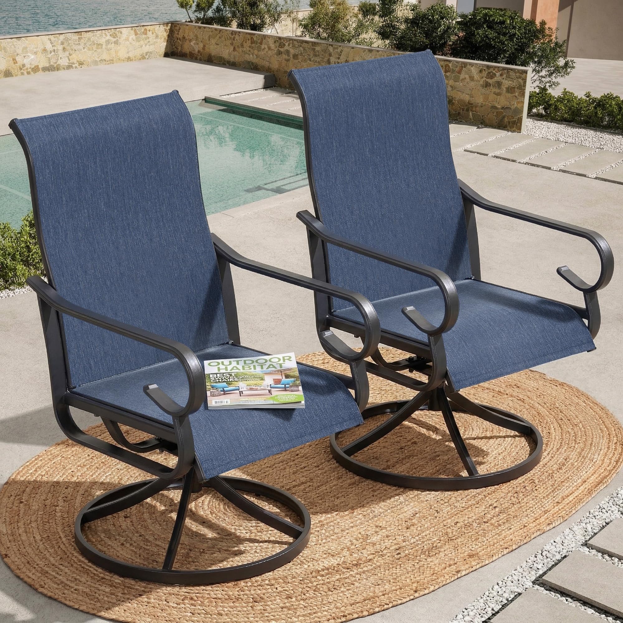 Two NUU GARDEN blue patio swivel dining chairs by a pool
