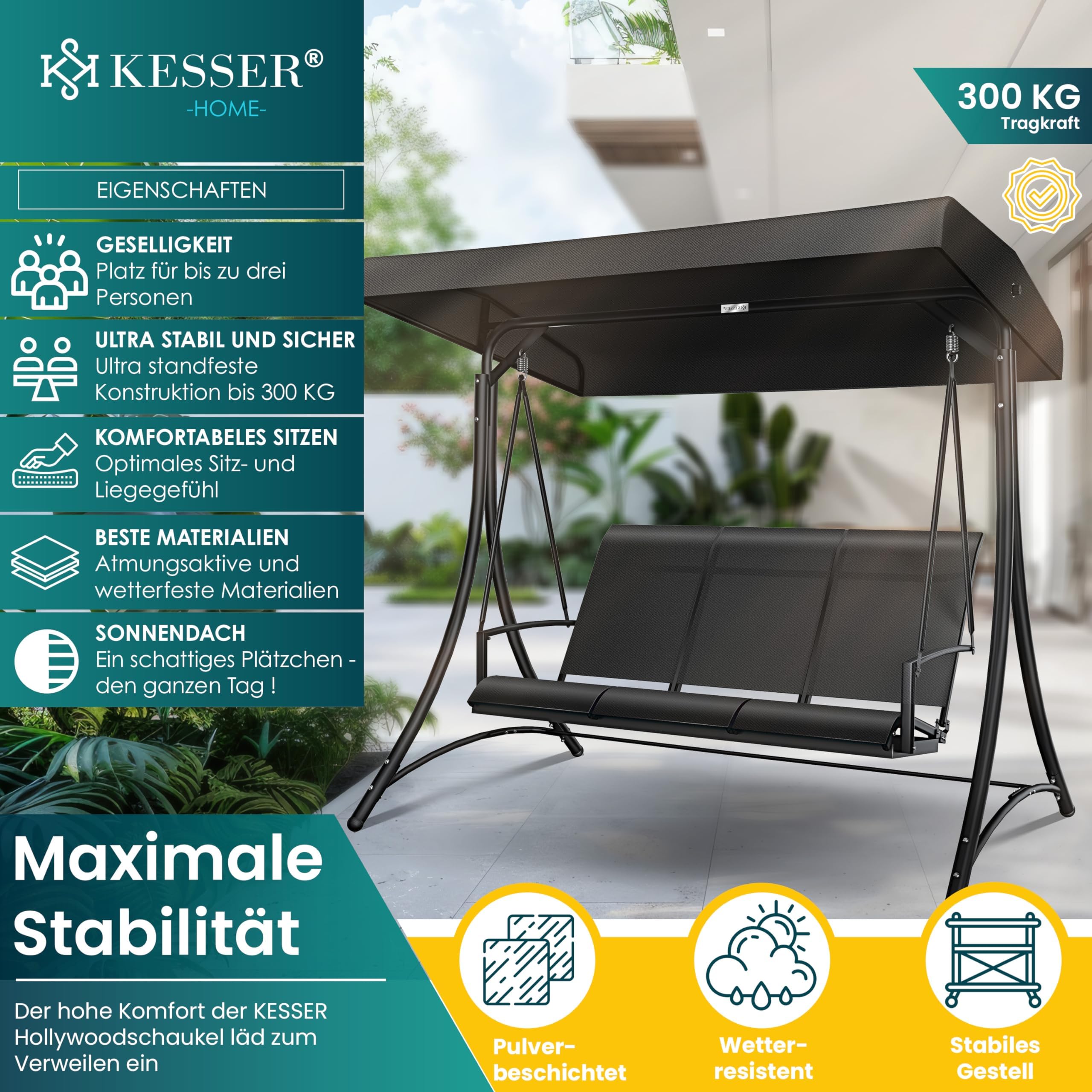 KESSER® Dondolo Hollywood con tettuccio parasole, 3 posti, portata fino a 300 kg, sdraio da giardino con piedini antiscivolo, panca a dondolo impermeabile per esterni e interni (nero)