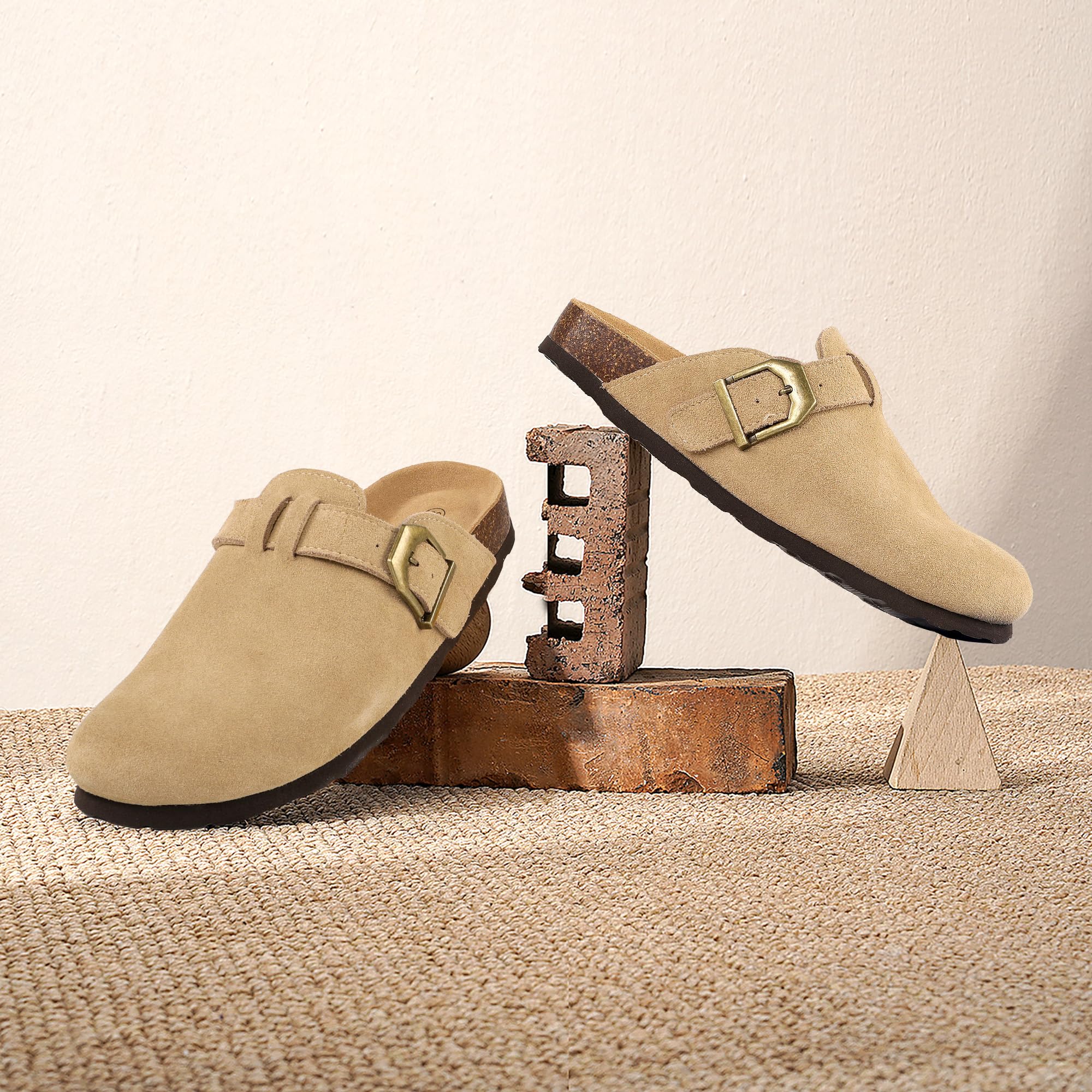 TANTOMI Damen Hausschuhe, Wildleder Unisex Clogs, Rutschfeste Hausschuhe Damen Herren leder mit Fußgewölbeunterstützung, Gartenschuhe Pantoletten Damen mit Weiches Kork Fußbett, Gr.36-42 EU