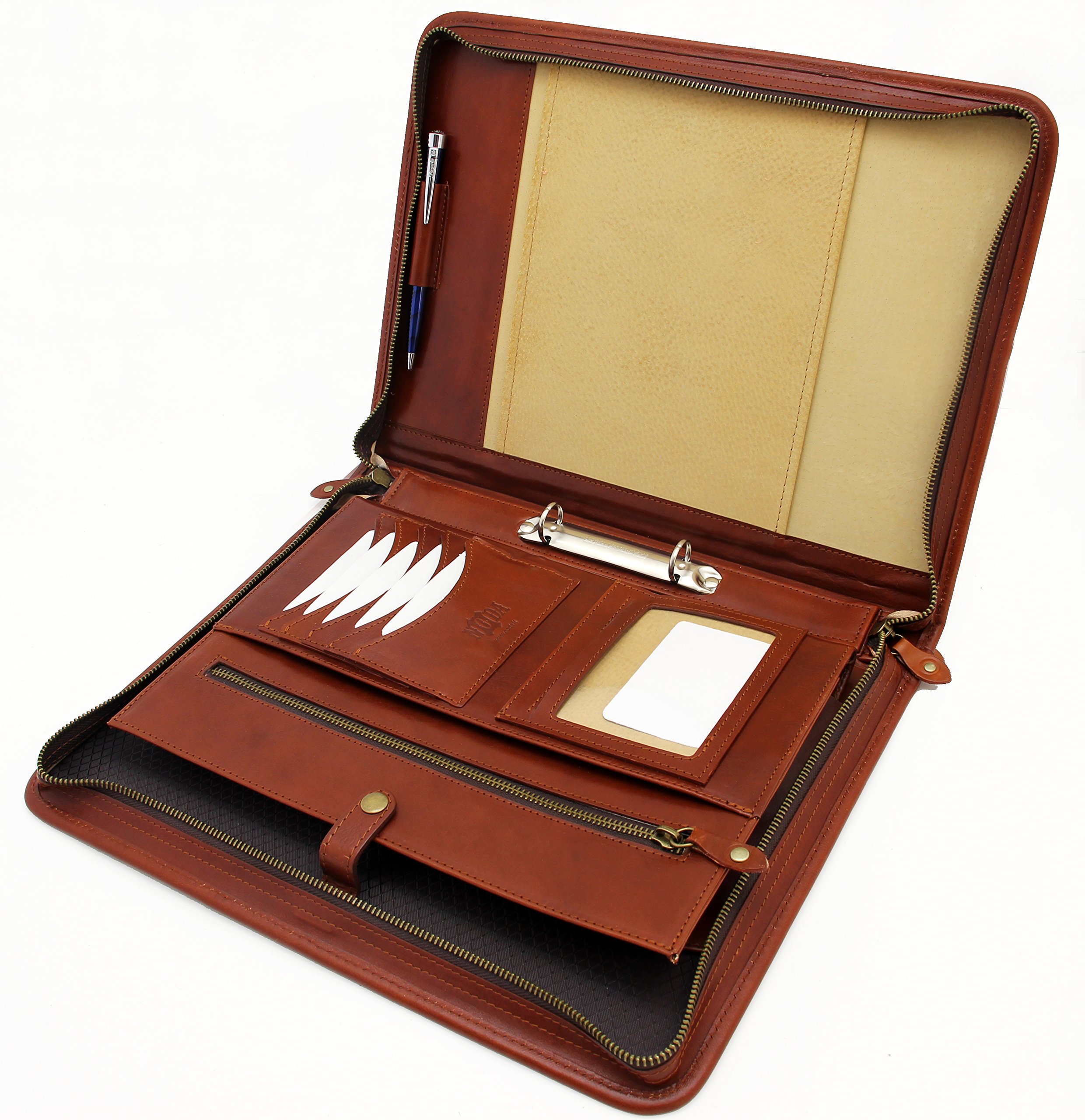 Portfolio aus italienischem Leder, A4-Ordner mit Reißverschluss, Padfolio 2-Ringbuch, Ledermappe mit Griff (Cognac)