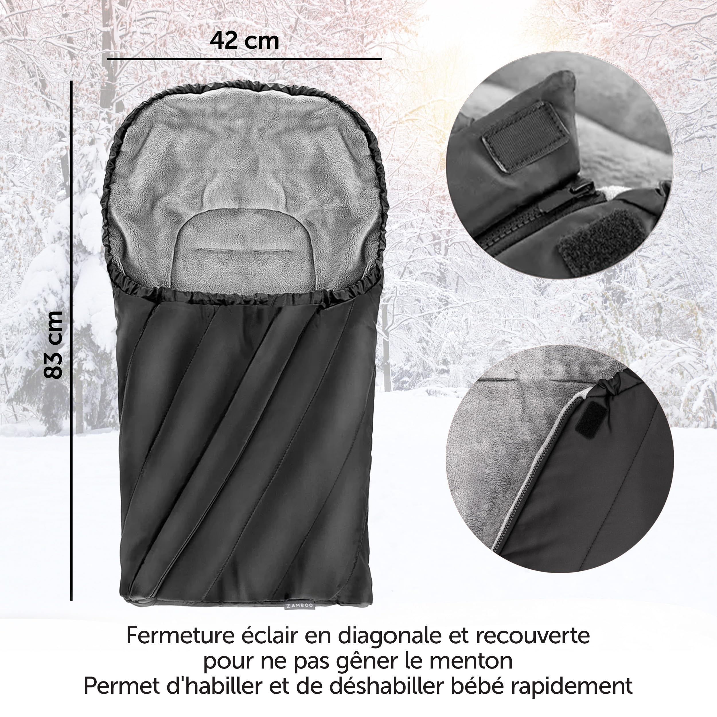 Zamboo Chanceliere Cosy Bébé Hiver avec Intérieur Polaire Teddy Doux, Noir | Nid d'ange bebe avec fentes pour harnais, compatible groupe 0+, sac de rangement inclus, lavable en machine