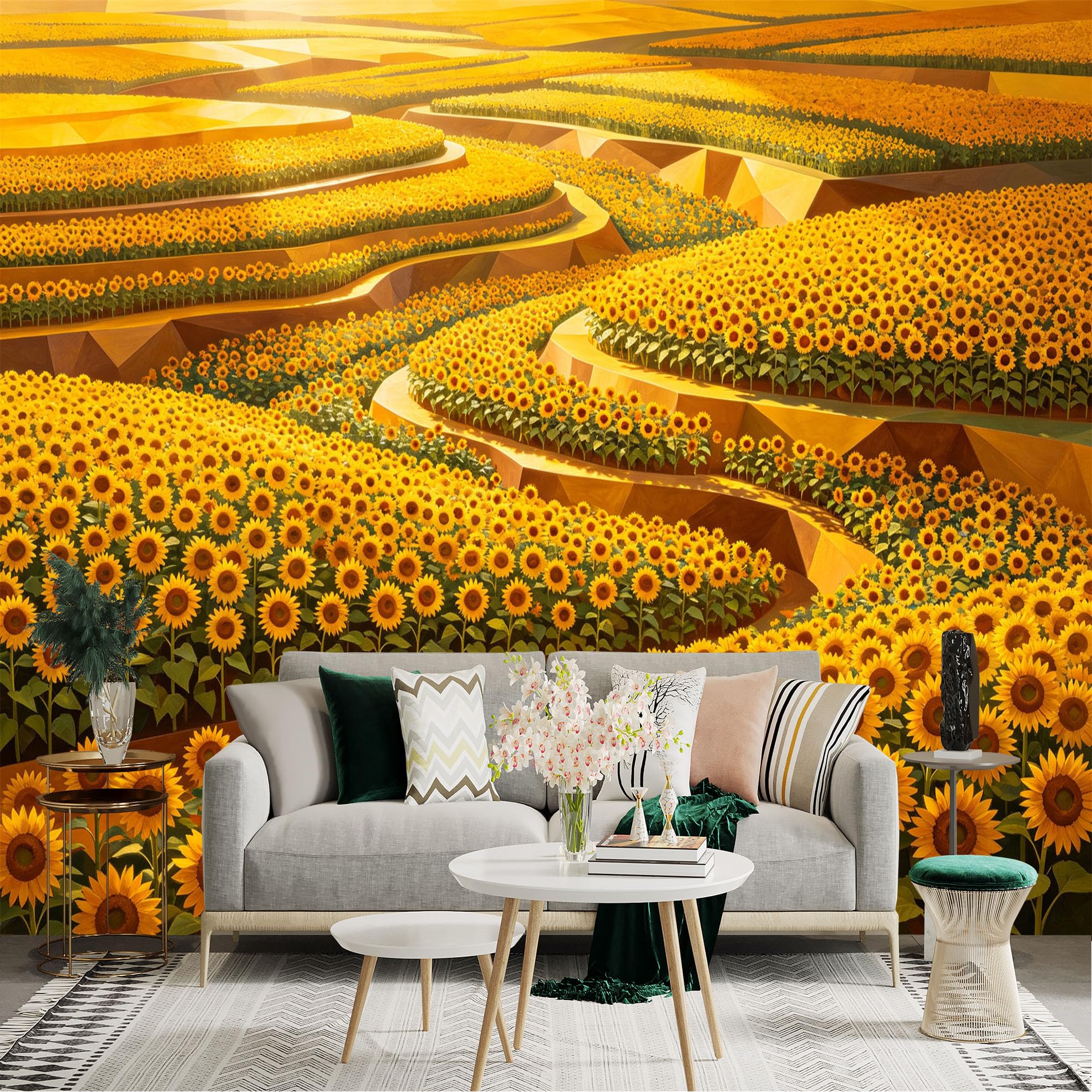 Lnzczhyre Dbh260521904 Custom Size Wall Sticker Mural， Vibrant Golden Sunflower Field， Terraced Floral Landscape， Sunny Summer Meadow， Nature Scenery Art， For Wall Decoration， Peelandstick Wall Decals.