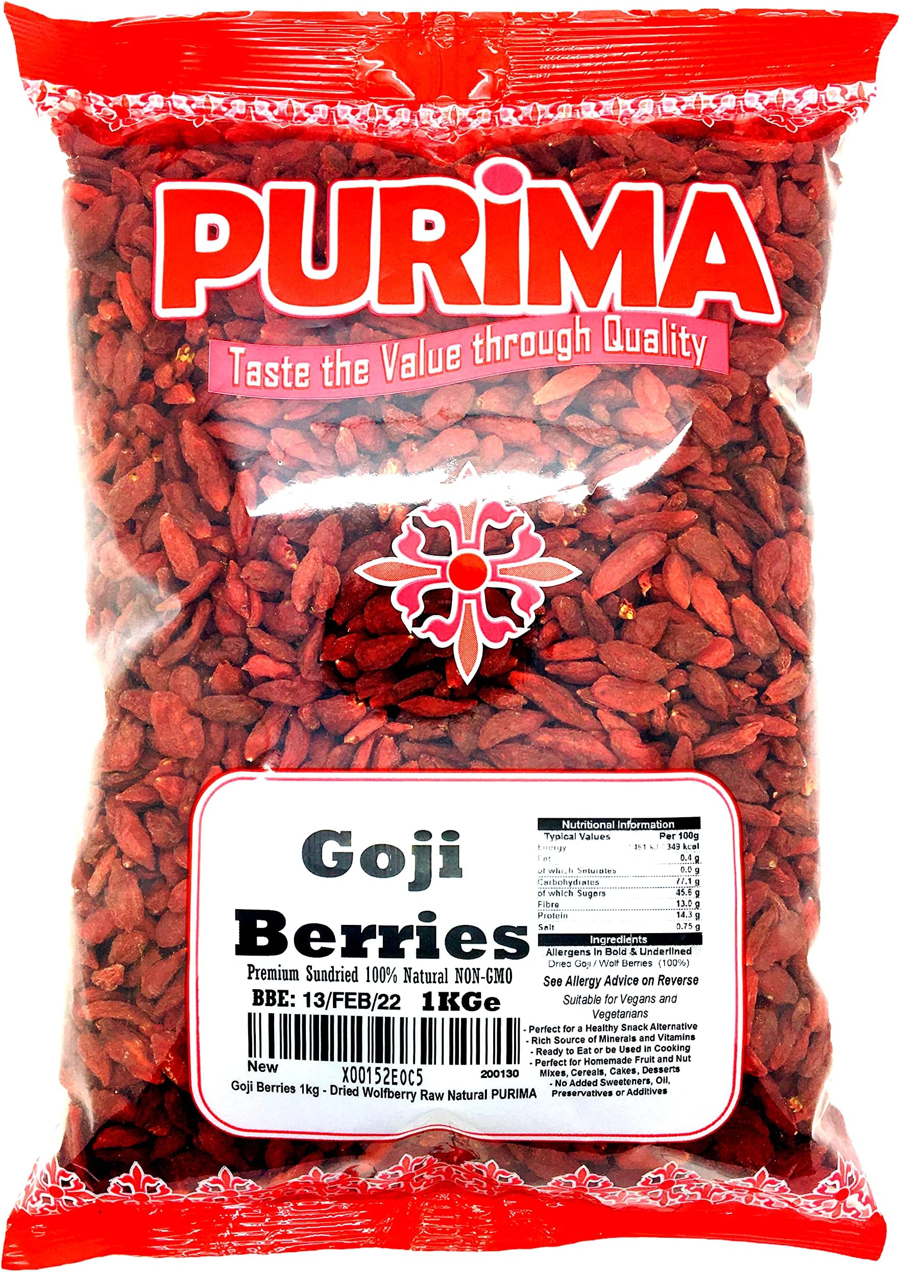 Goji Berries 1kg 100% Raw Natural Non GMO Premium Quality Whole Wolf Berry Sun Dried Fresh Wolfberry - Full of Antioxidants Healthy SuperFood - Vegan Vegetarian Friendly - PURIMA