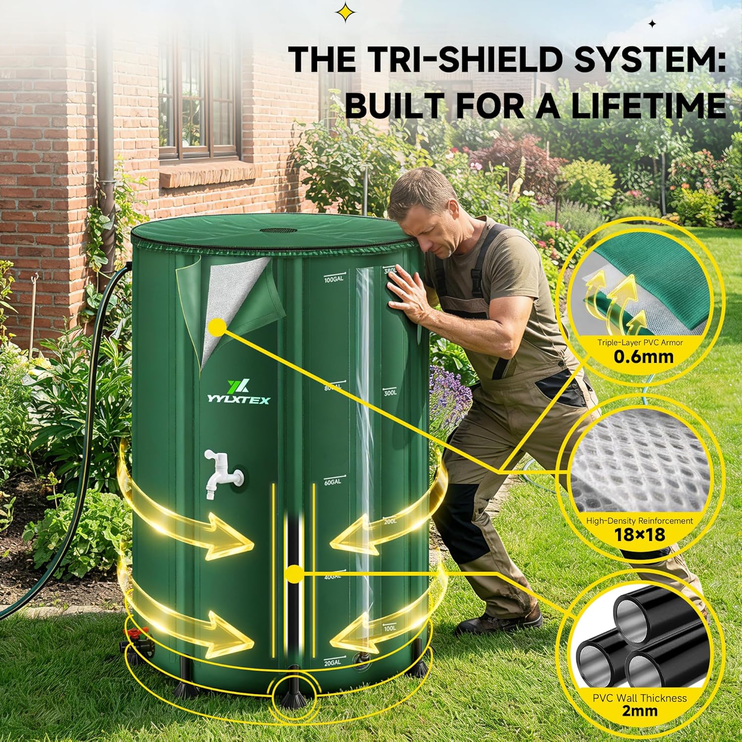 100 Gallon/380L Collapsible RainWater Collection Barrel,Water Tank&Reinforced with 2mm Frame Portable Rain Catcher,Includes Quick-Connect Tap&Sprinkler,Heavy Duty 0.6mm PVC for Long-Lasting Use,Green