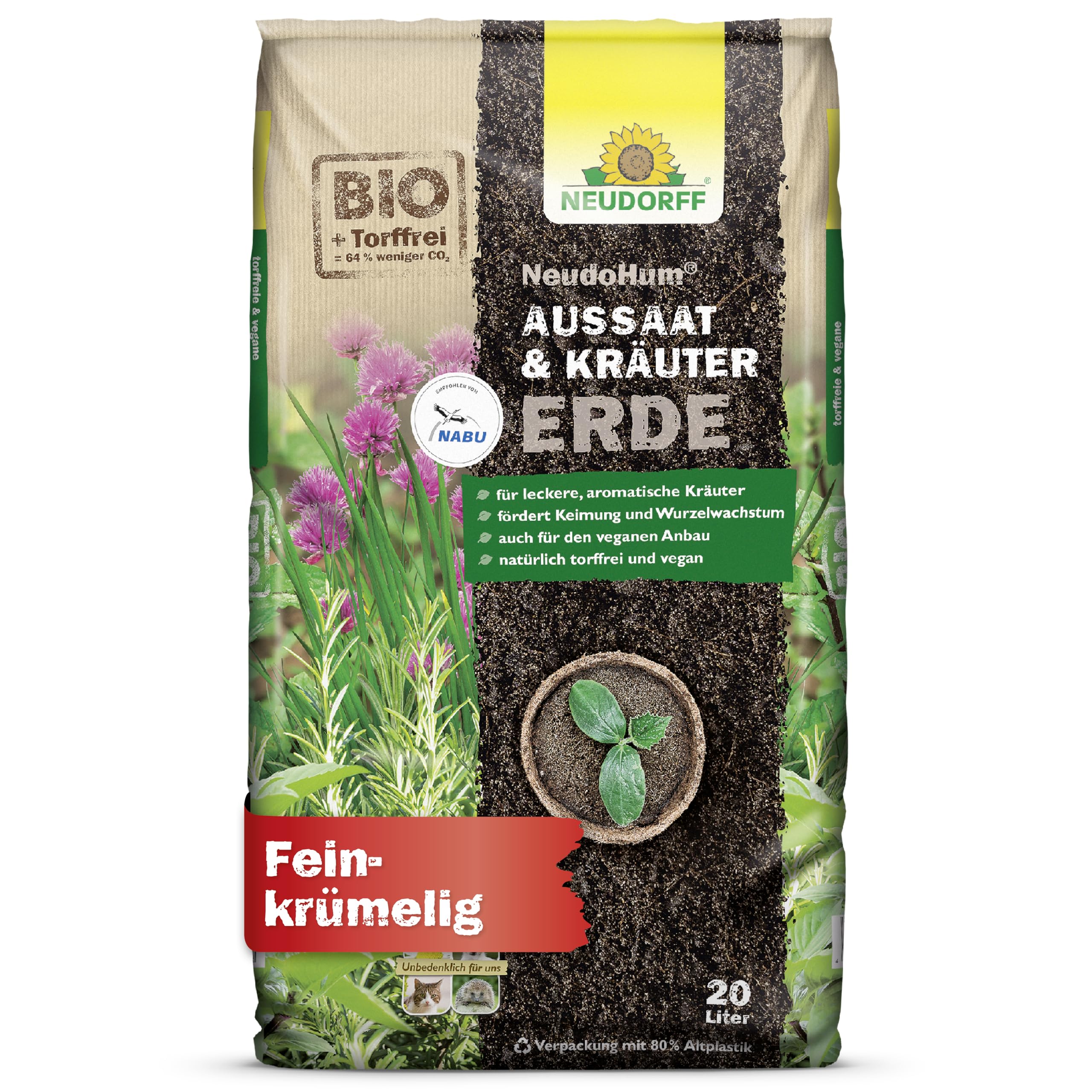 Neudorff NeudoHum AussaatErde und KräuterErde 20L - Anzuchterde für Samen - natürlich torffrei - vegane Erde für Stecklinge und zum Anbau von Chili und Gemüsepflanzen