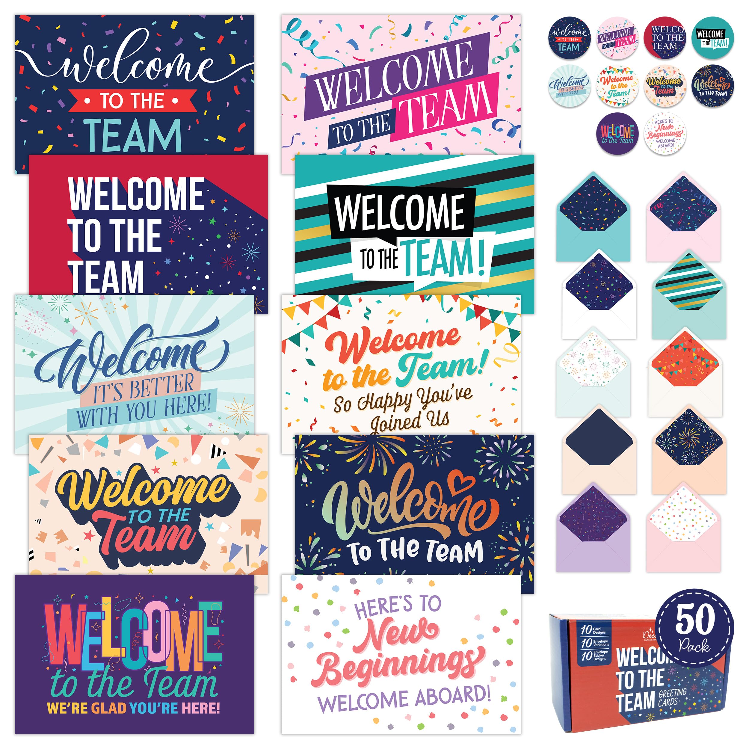 Decorably 50 Pack 6x4in Welcome To The Team Cards Bulk with Envelopes and Stickers, 10 Folded Festive Designs for Team Members, Colleagues, with