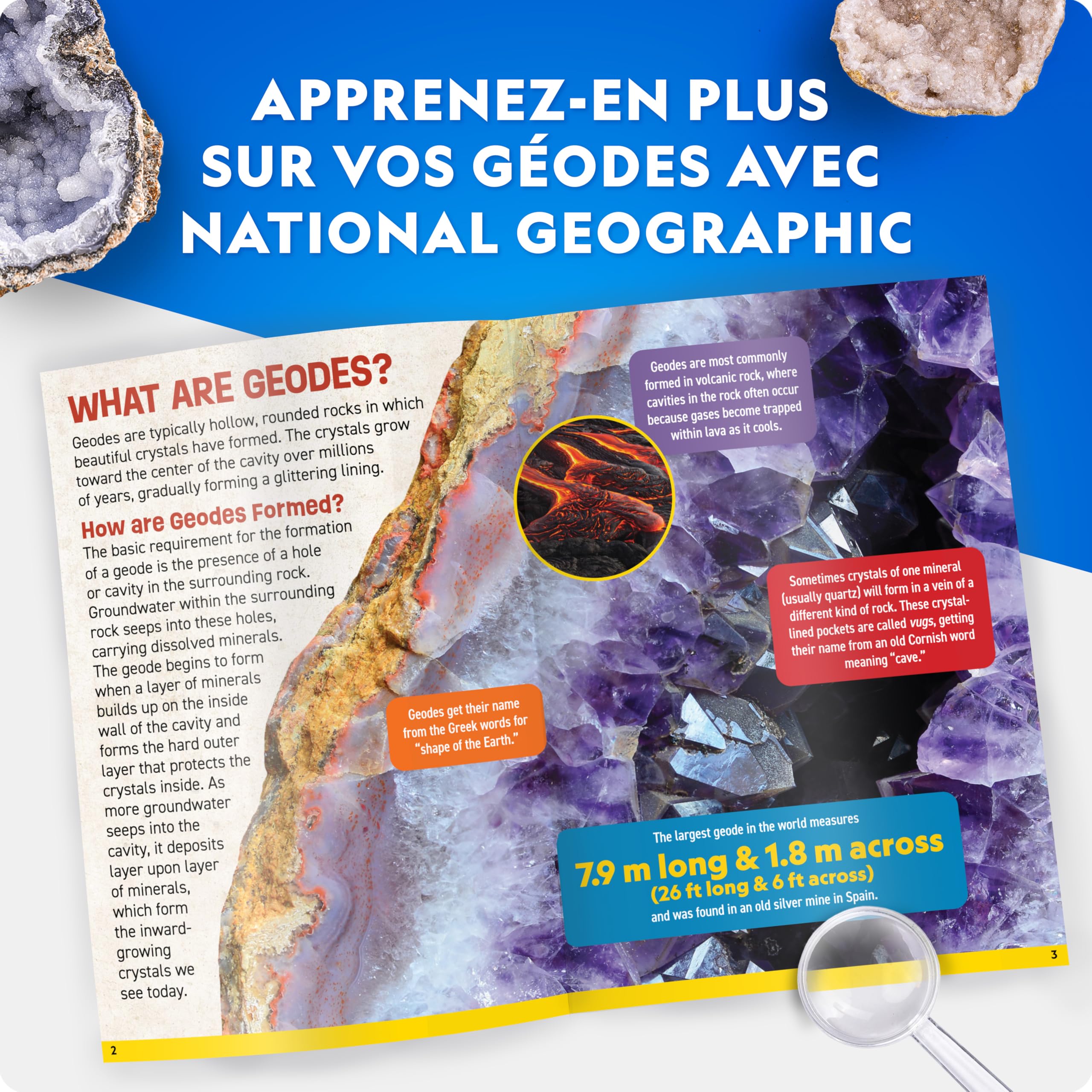 National Geographic Kit de Géodes Jumbo à Casser – Cadeau Scientifique STEM pour Enfants, Casse tes Propres Géodes + Lunettes de Protection & Support d’Exposition