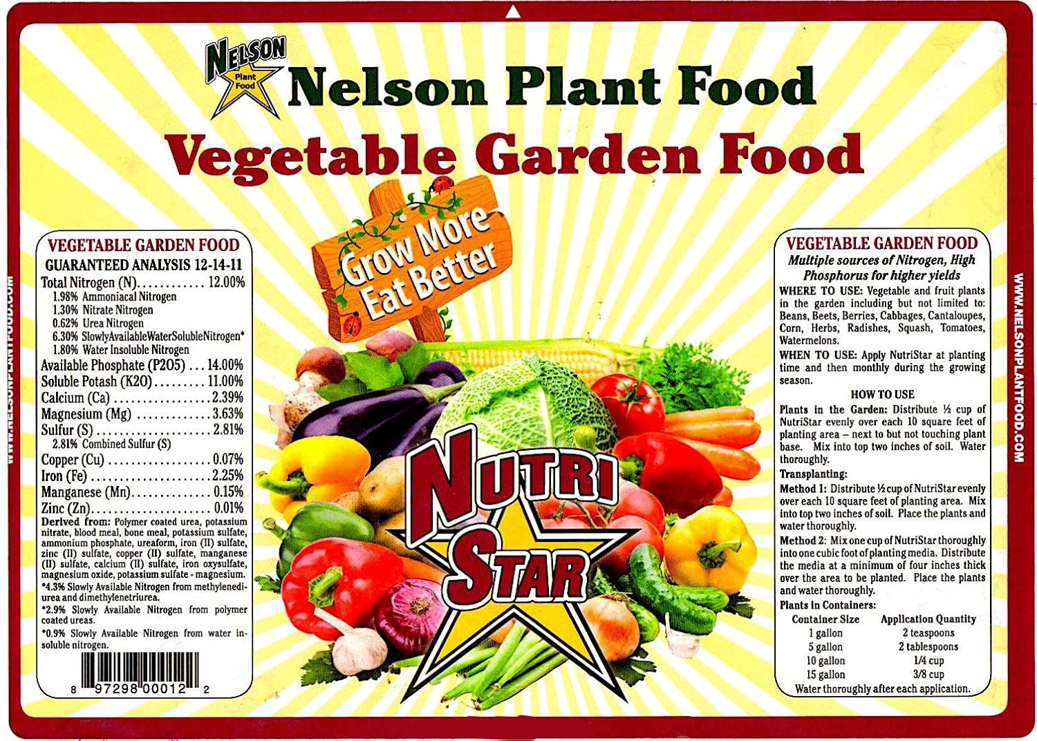Nelson - All Vegetable Garden Plant Food, Granular Fertilizer, Multi-Purpose High Calcium Phosphorus Micronutrients in Ground, Gardens, Containers, & Greenhouses, NutriStar 12-14-11 (15 lb.)